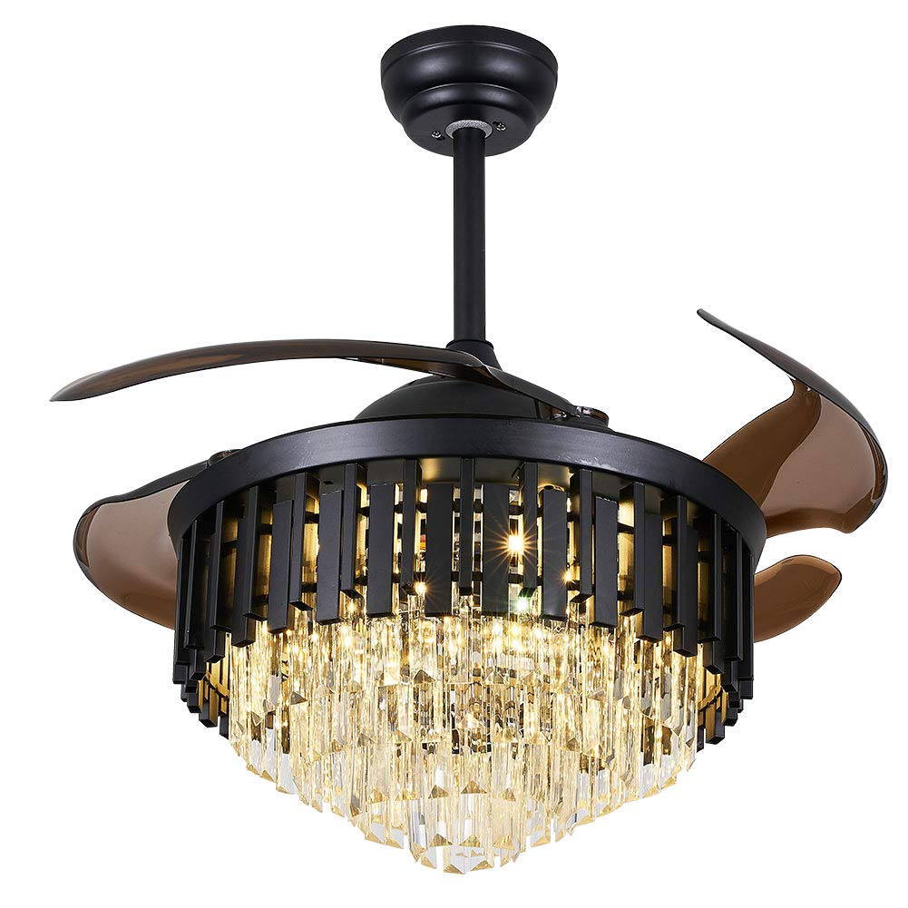 Luxury 42 Inch Crystal Ceiling Fan Chandelier with LED 3-Color Settings - Remote & Wall Control, Quiet Retractable Gold Fan Light for Bedroom, Living Room, Dining Room (Black) - Perfect for Home Decor and Air Circulation