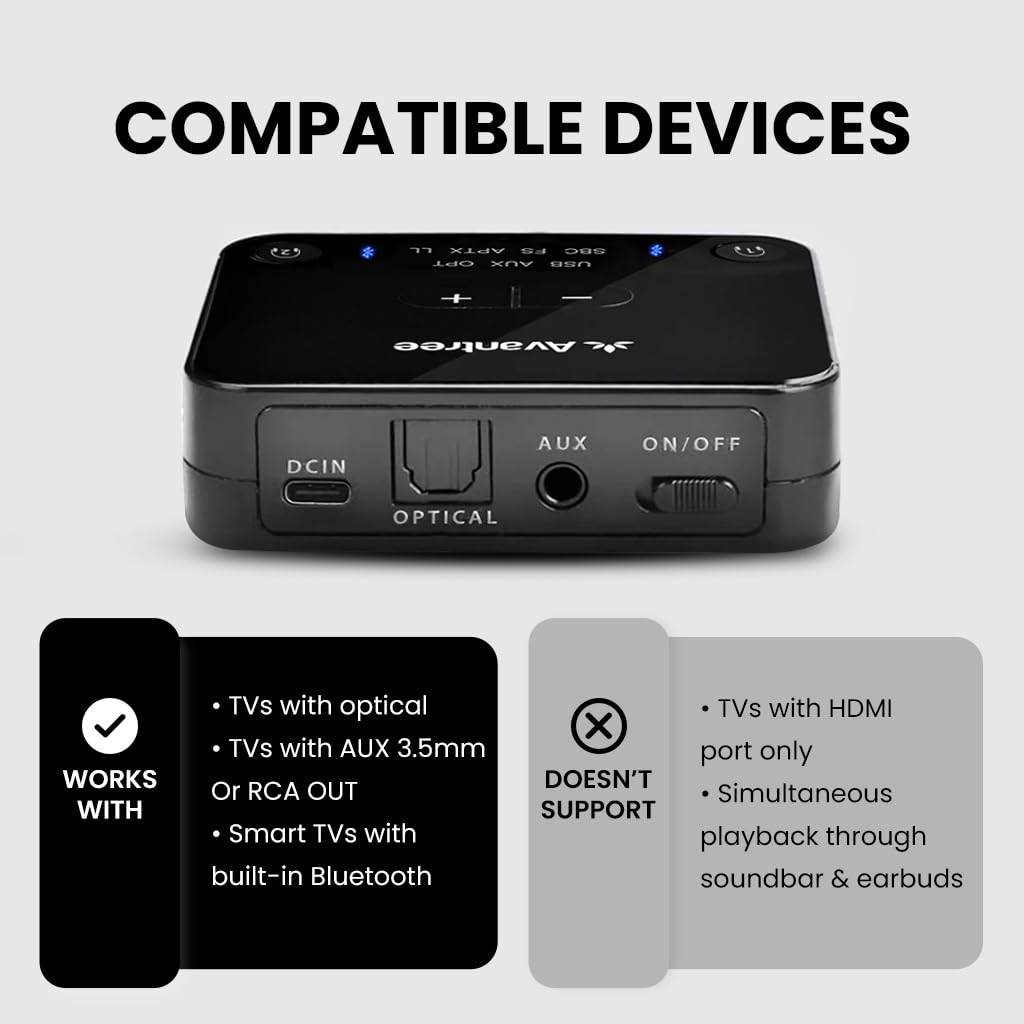 Avantree HT41866 Wireless Bluetooth Earbuds for TV - 20H Neckband Headphones with Optical/RCA/AUX Transmitter, Plug & Play, Zero Latency - Perfect for Late Night TV Watching, Gaming & Private Listening