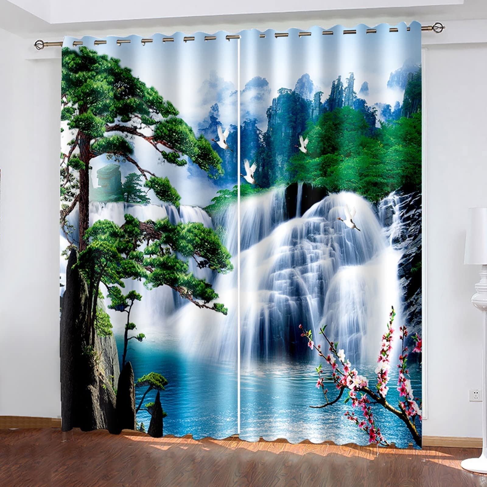 3D Printed Waterfall Pine Trees Blackout Curtains - Green Blue White Thermal Insulated Grommet Drapes (52