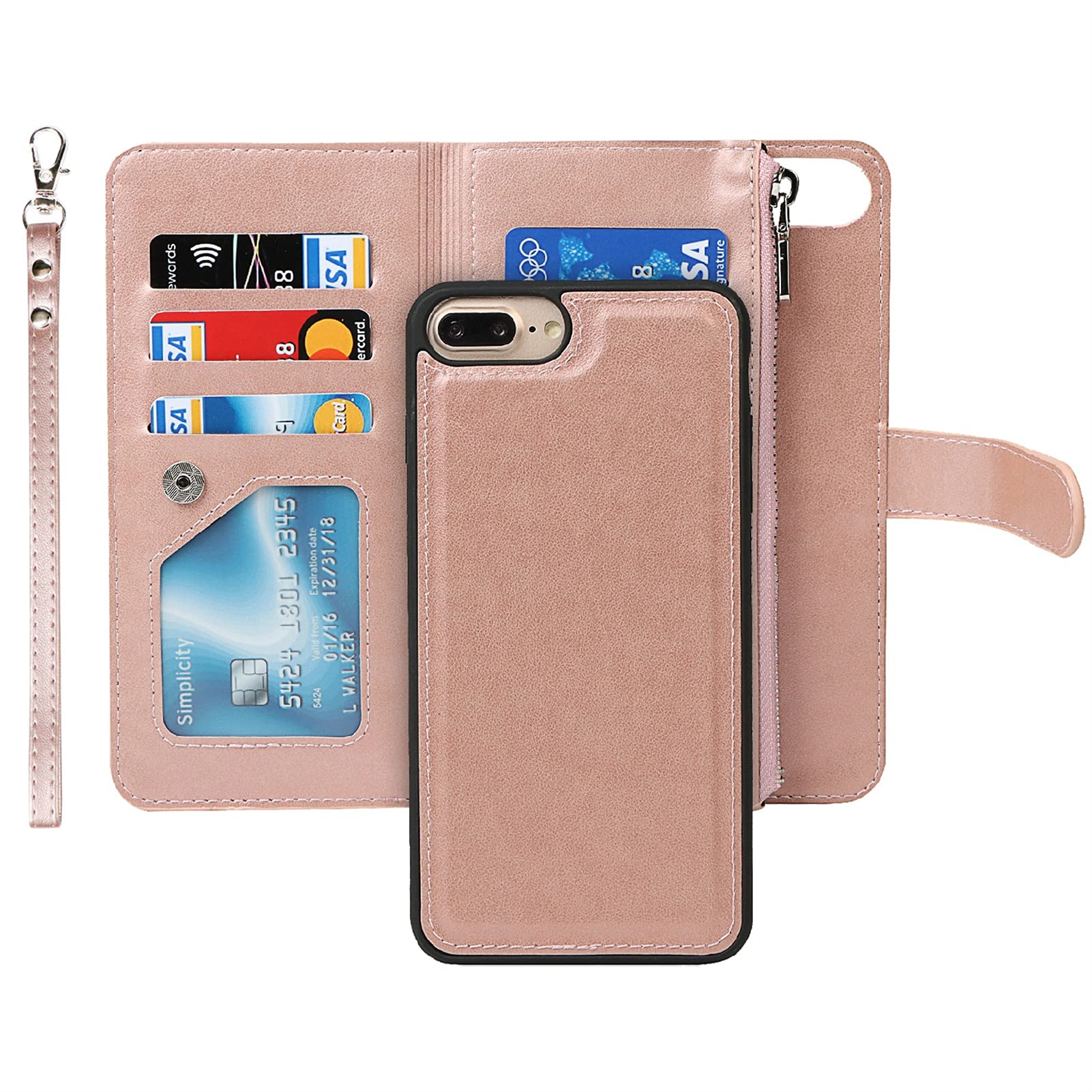 Jaorty Magnetic Zipper Wallet Case for iPhone 7 Plus/8 Plus/6 Plus/6s Plus - 6 Card Slots with Wrist Strap & Stand Feature | Detachable 2-in-1 Leather Cover (Rose Gold) | Perfect for Travel, Shopping & Everyday Use