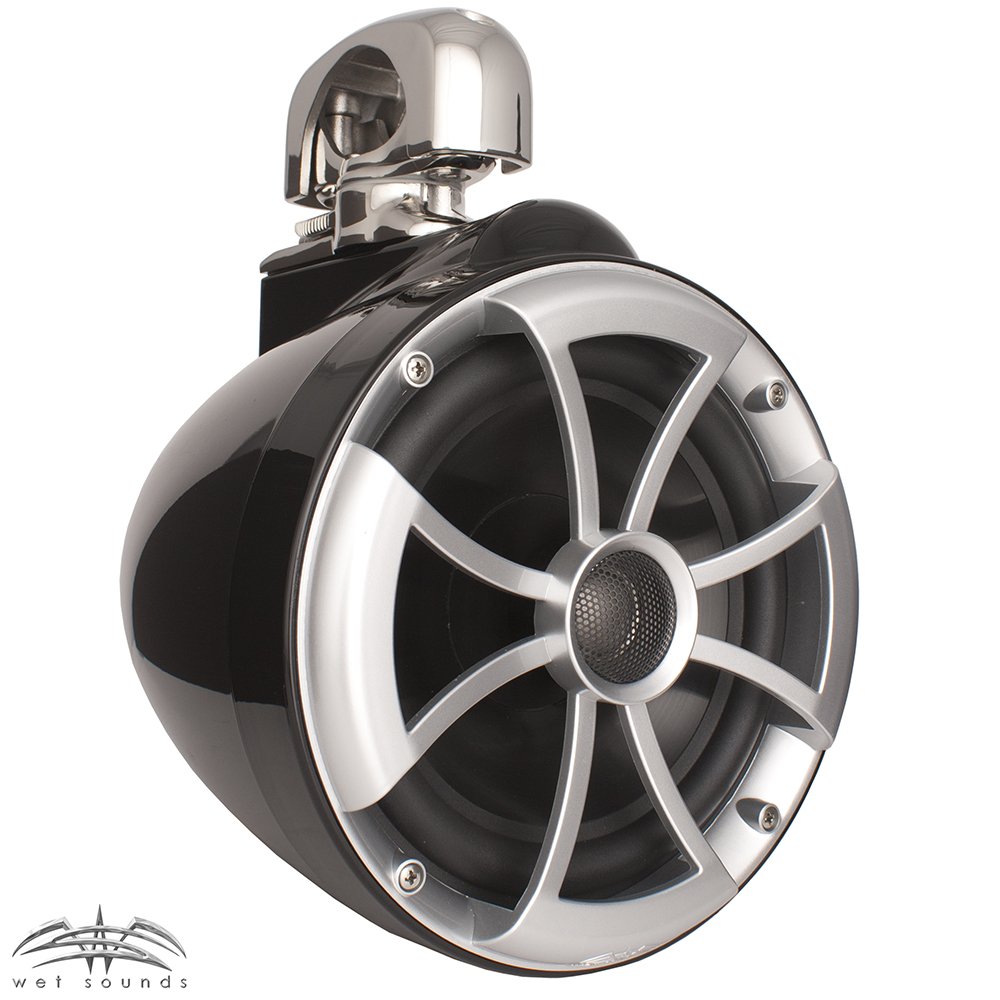 Wet Sounds ICON8B-SC 8-Inch Black Marine Tower Speakers with Stainless Steel Swivel Clamps & SYN-DX2.3 1200W Amplifier - Premium Waterproof Boat Audio System for Wakeboarding, Yachting, and Outdoor Marine Entertainment