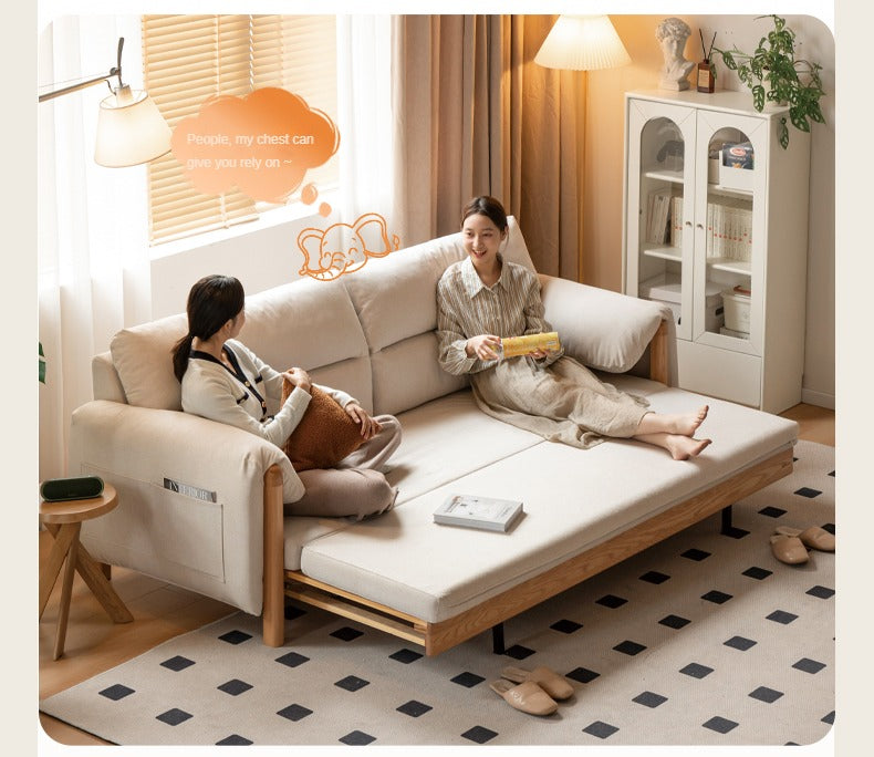 Solid Oak Wood Convertible Sofa Bed - Retractable Design for Sitting & Sleeping | Perfect for Small Spaces, Guest Rooms & Apartments