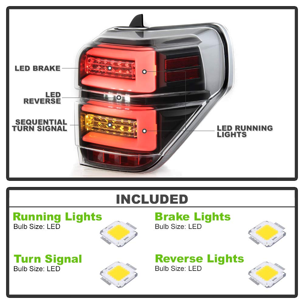 ACANII LED Tail Lights for 2010-2020 Toyota 4Runner - Black Housing Full LED Tube with Sequential Turn Signals (Pair) | Upgrade Your SUV's Style & Safety for Night Driving & Off-Road Adventures