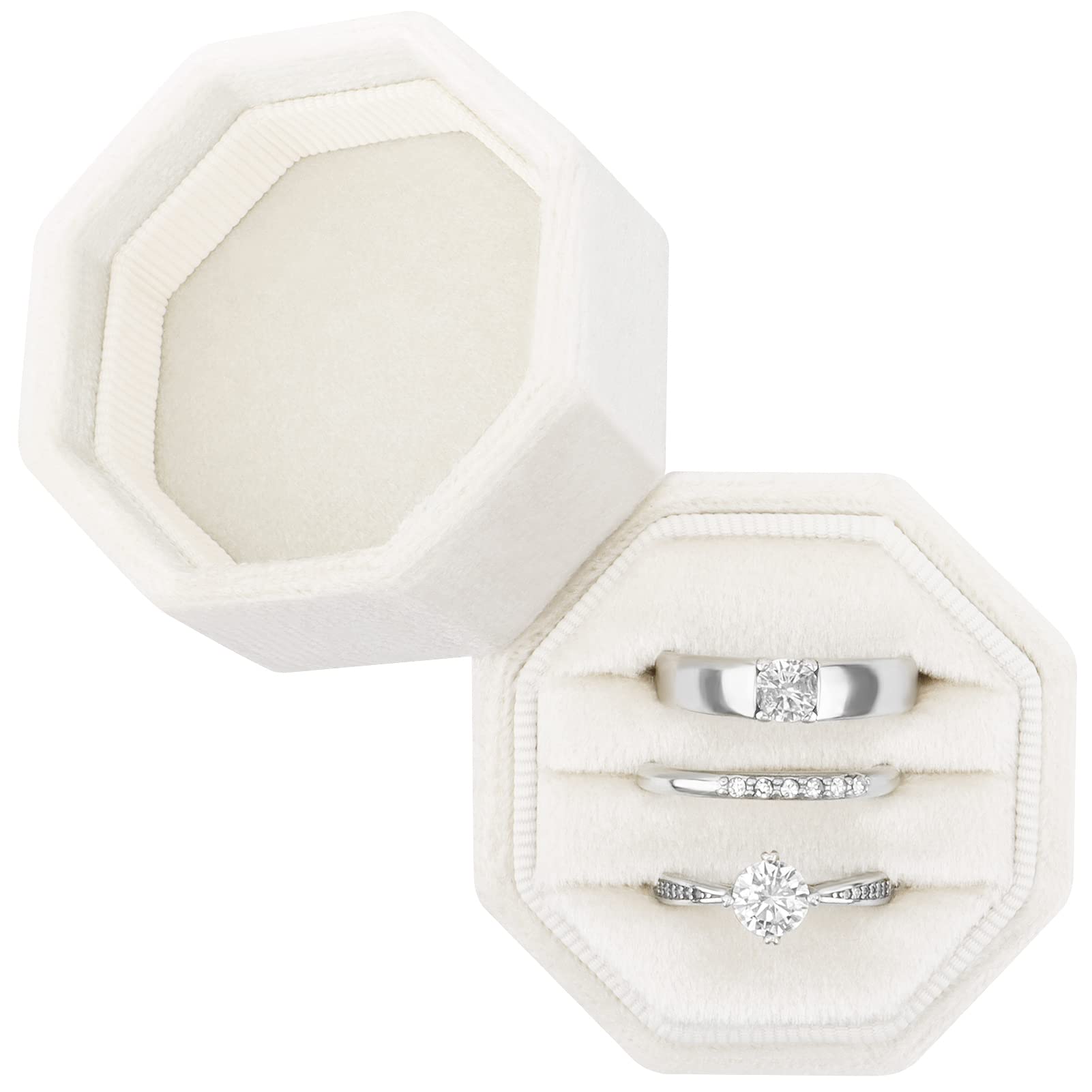 Premium Octagon Velvet Ring Box with 3 Slots - Elegant Wedding Ring Bearer Box for Proposal, Engagement & Ceremony (Beige) - Perfect for Bridal Showers, Vow Renewals & Romantic Gift Giving