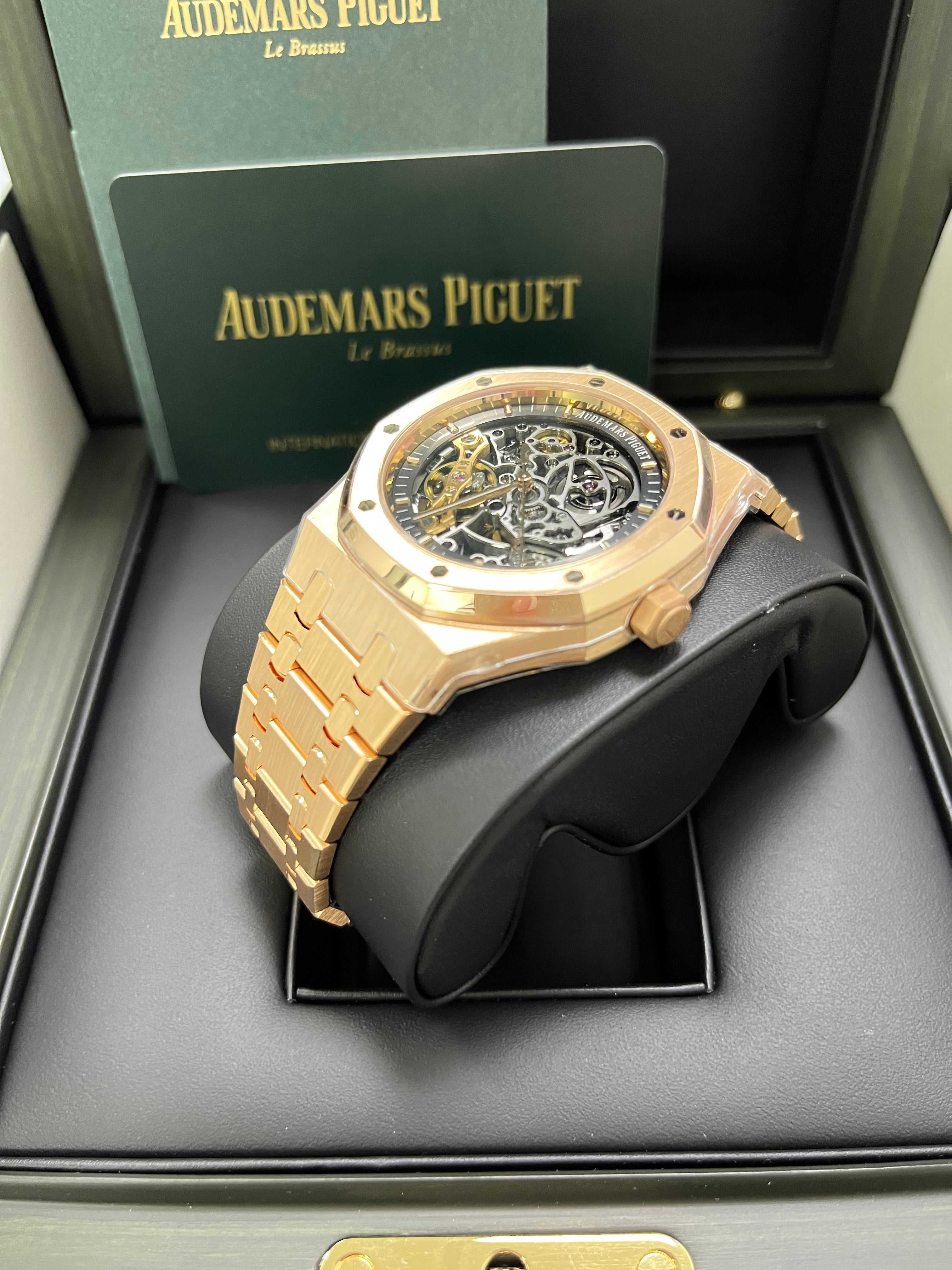 Audemars Piguet Royal Oak 41mm Rose Gold Skeleton Watch with Double Balance Wheel - Ref 15407OR.OO.1220OR.01 - Luxury Openwork Timepiece for Men, Perfect for Business Meetings & Formal Events