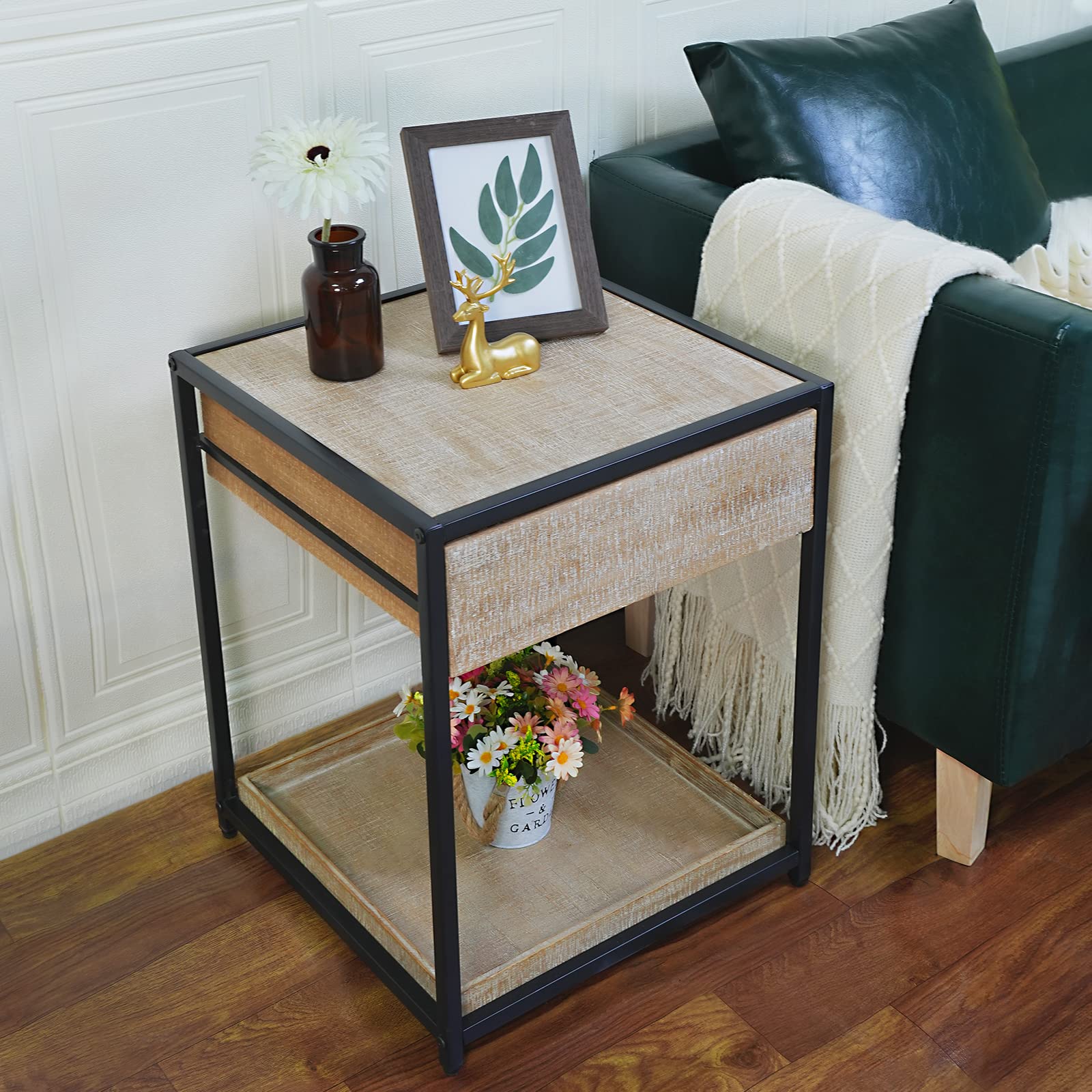 2-Tier Industrial Square End Table with Mesh Shelf - 20