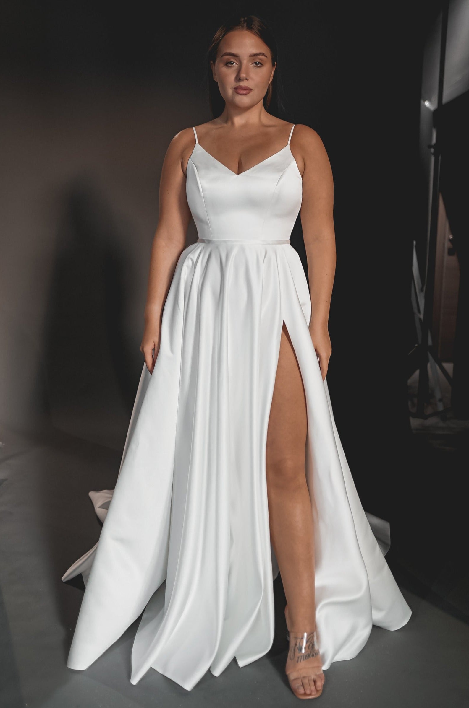 Elegant Plus Size Satin Wedding Gown with Front Slit - Flattering A-Line Bridal Dress for Beach, Church & Formal Weddings