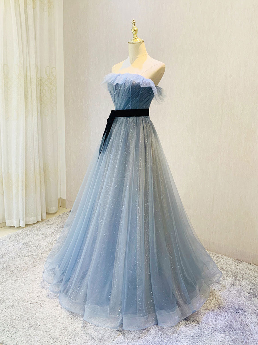 Elegant Blue Tulle Sequin Long Prom Dress for Women - Formal Evening Gown for Homecoming, Ball, Quinceañera & Special Occasions