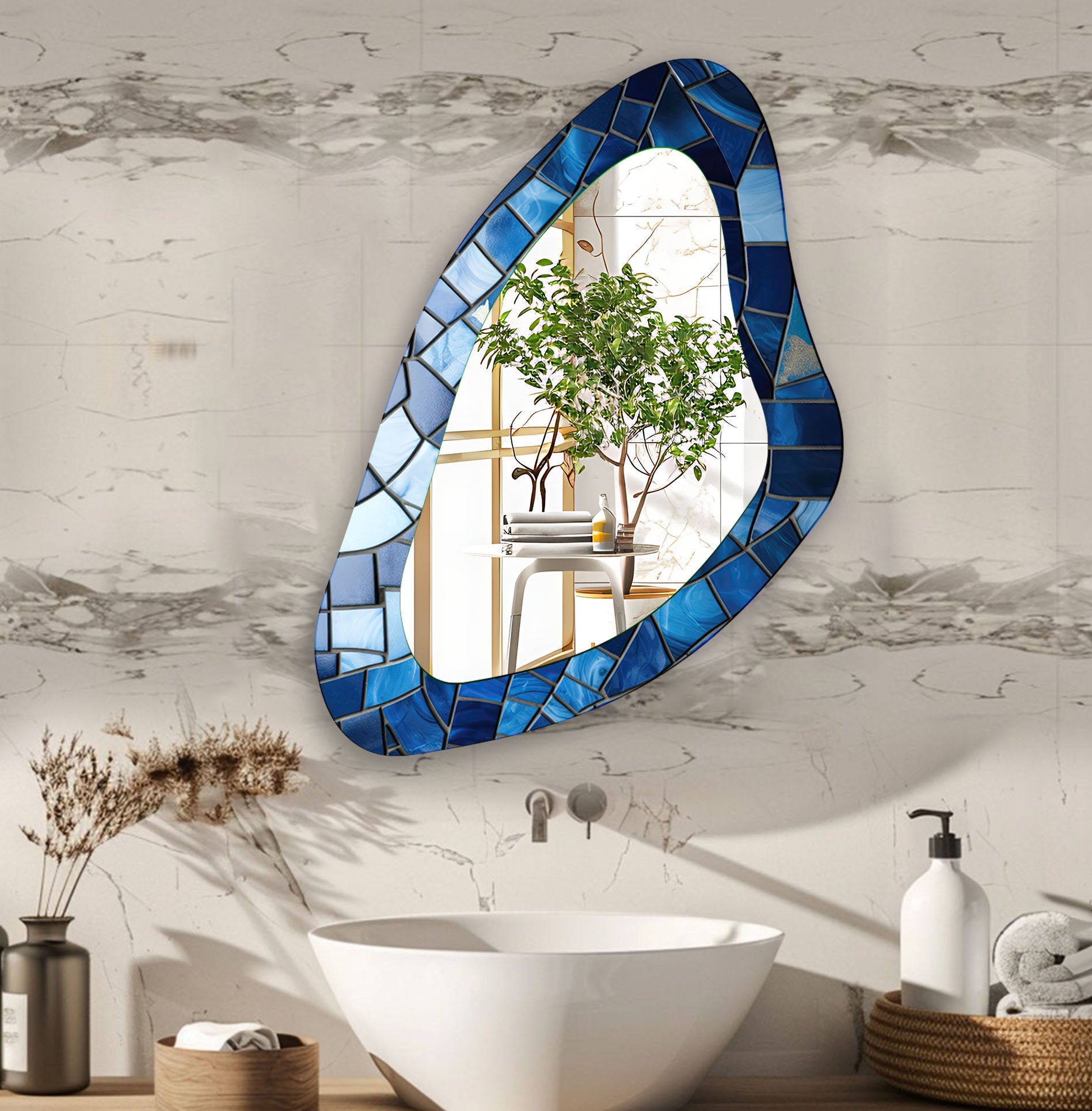 Blue Mosaic Decorative Wall Mirror - Handcrafted Boho Style Accent Mirror for Living Room, Bedroom, or Bathroom Decor