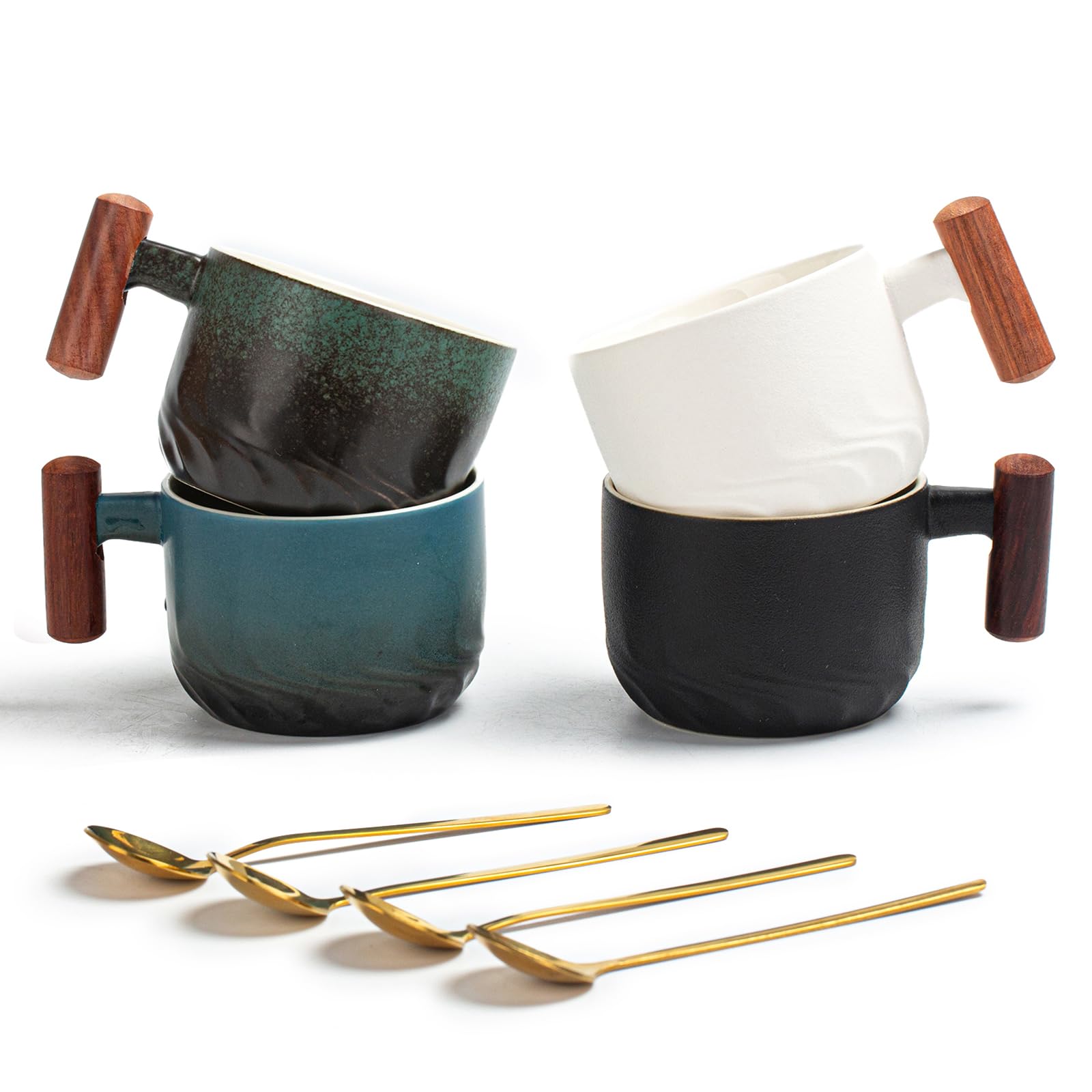 Vintage Ceramic Espresso Cups Set of 4 (4.5oz) - Porcelain Demitasse Cups with Wooden Handles & Espresso Spoons - Mini Coffee Mugs for Double Shot, Latte, Cappuccino - Perfect for Home Cafes, Coffee Shops & Gifts