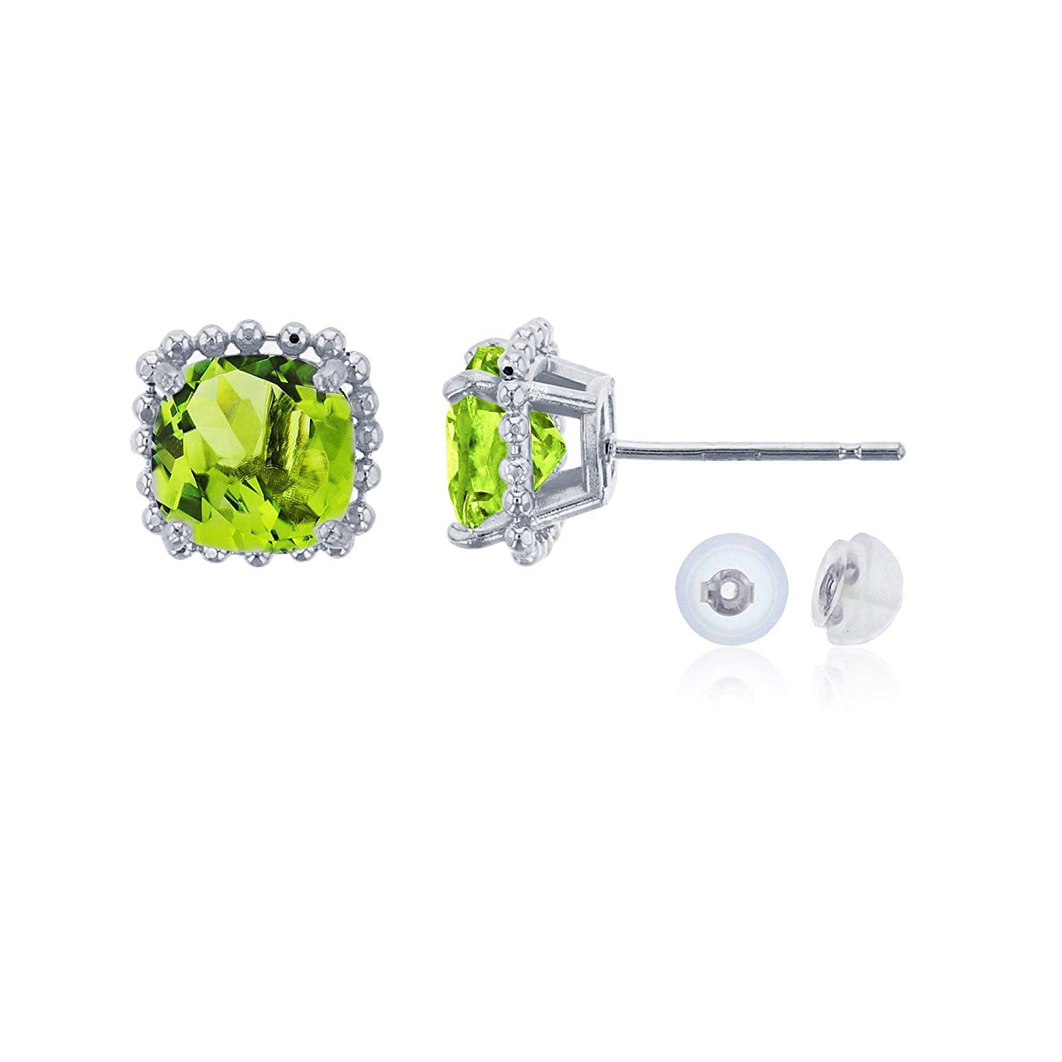 14K White Gold 6x6mm Cushion Cut Bead Frame Stud Earrings with Silicone Backs - Elegant Everyday Jewelry for Women, Perfect for Work, Date Night & Special Occasions