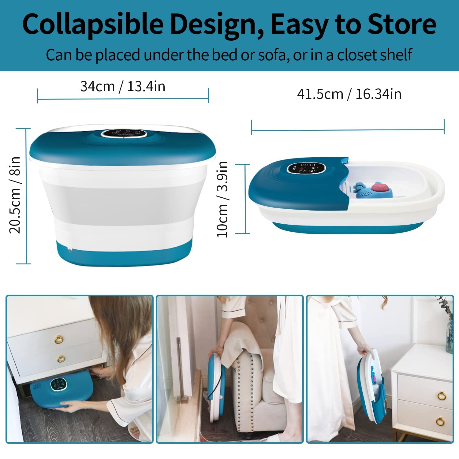 Portable Collapsible Foot Spa Bath with Heat & Bubbles - Remote Control, Adjustable Temperature, 16 Massage Rollers, Red Light Therapy & Pumice Stone - Perfect for Relaxing Tired Feet at Home, Spa Day or Post-Workout Recovery - Blue