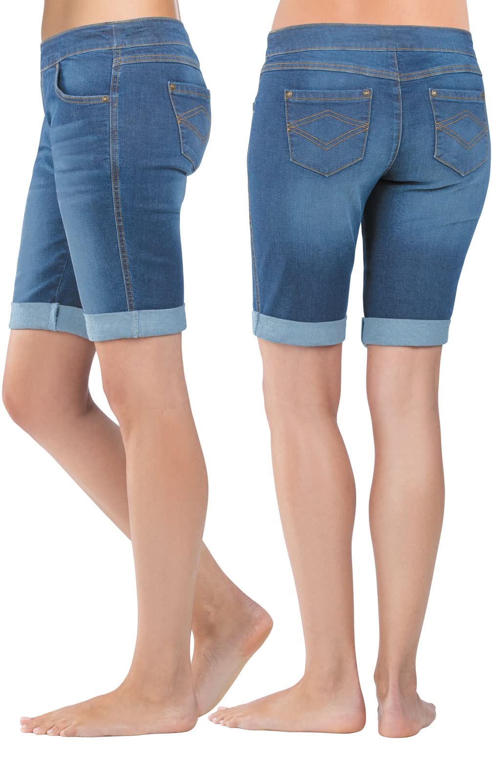 Women's Stretch Denim Shorts with Pockets - Summer Knee-Length Pull-On Pajama Jeans Shorts for Ladies | Perfect for Lounging, Sleepwear & Casual Outings