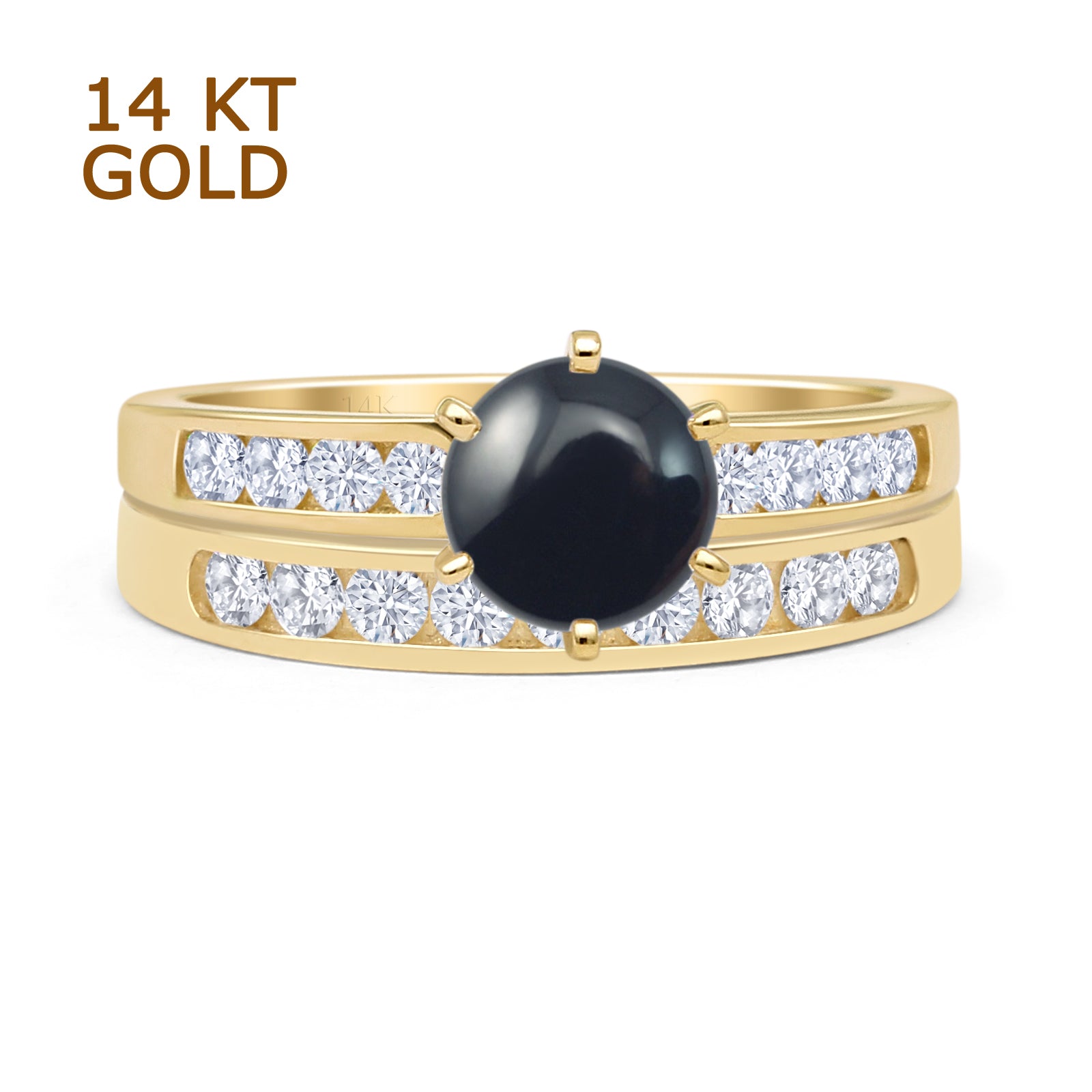 14K Yellow Gold Two Piece Half Eternity Band Ring with Round Natural Black Onyx - Elegant Cathedral Setting for Weddings, Anniversaries & Special Occasions