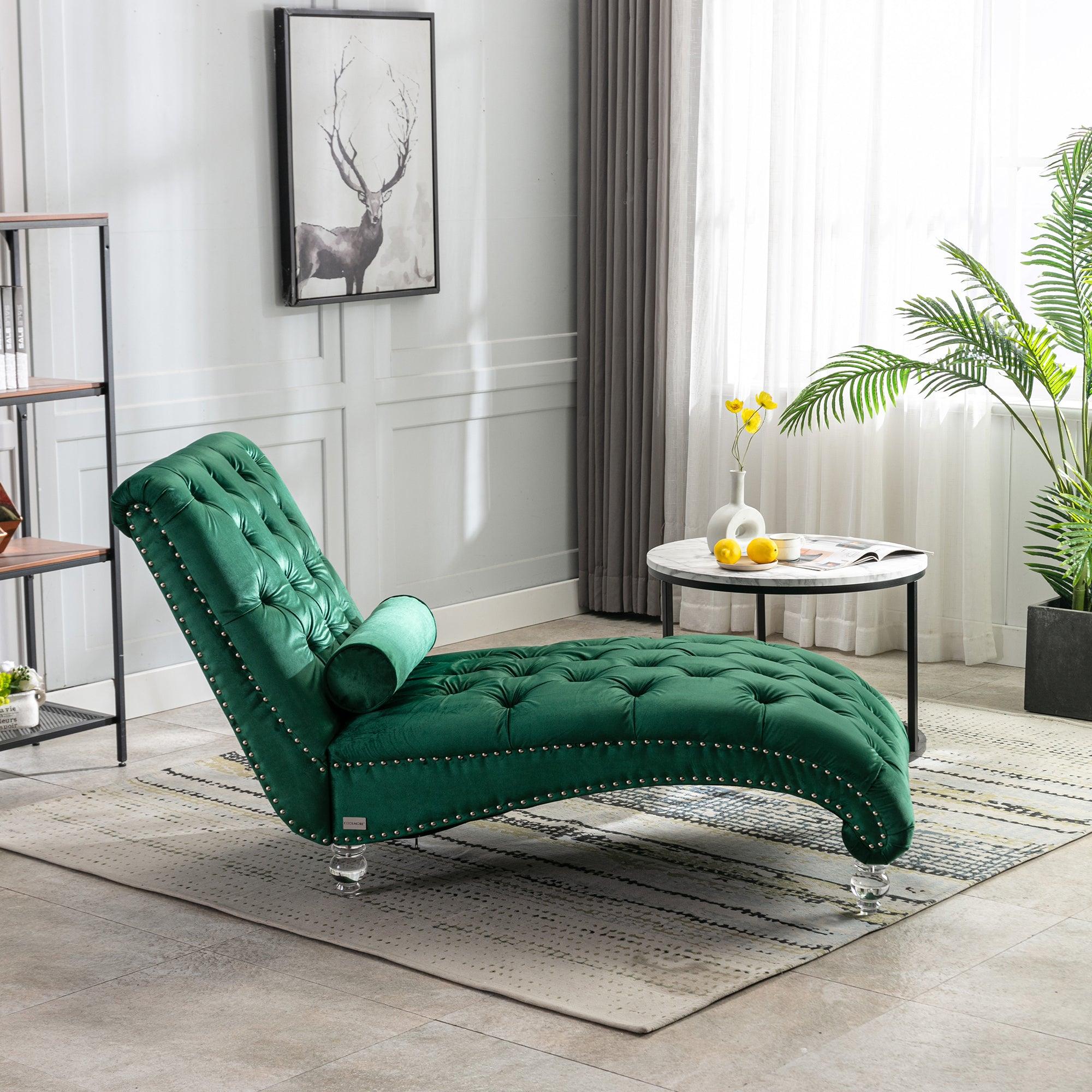 Luxury Velvet Chaise Lounge Chair - Button Tufted Upholstered Sofa with Pillow for Bedroom, Living Room & Office | Emerald Green Velvet Fabric | Perfect for Reading Nook, Lounge Area & Home Decor