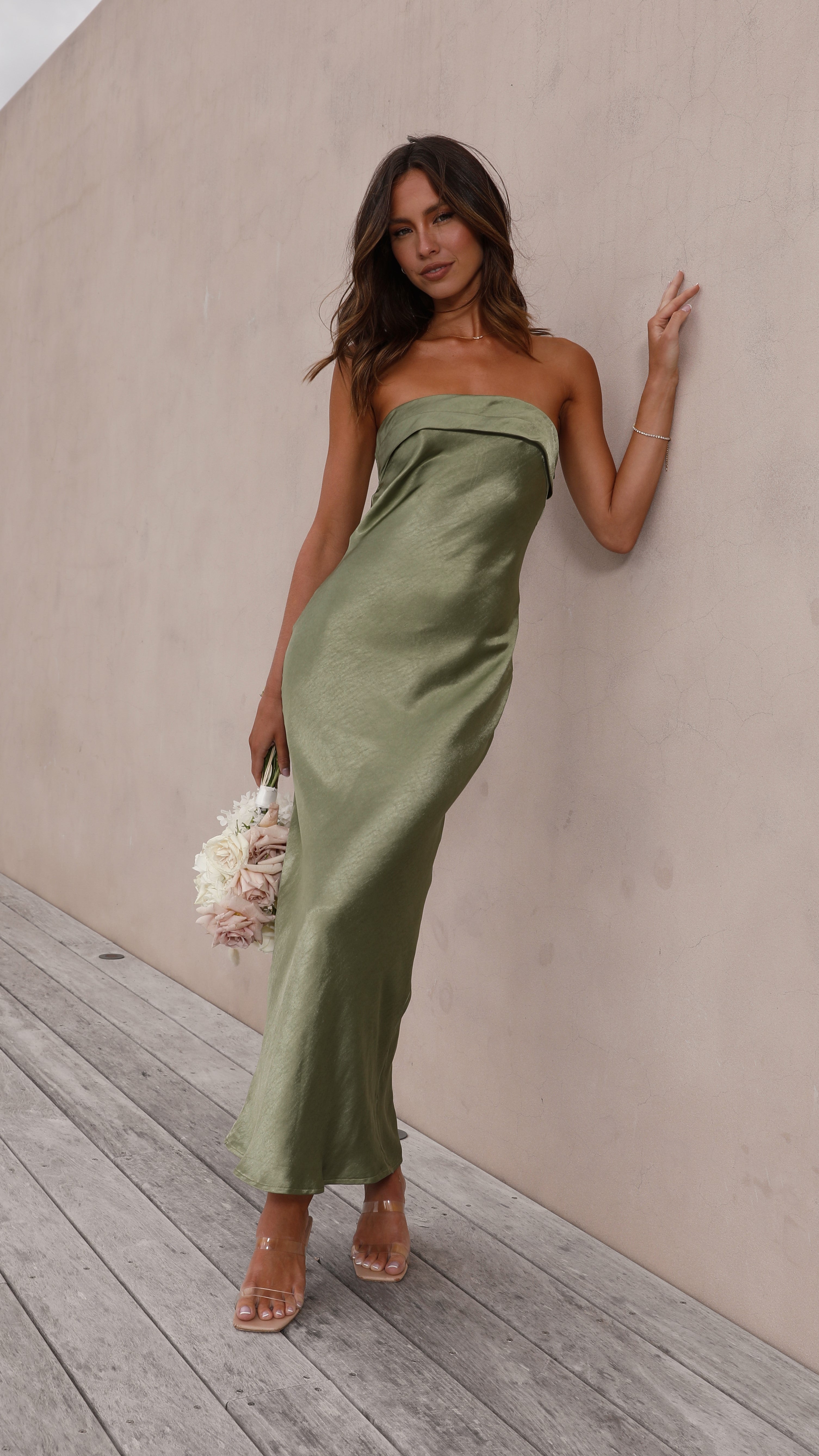 Gisele Maxi Dress for Women - Olive Green Flowy Long Dress with Side Slits, Summer Beach Wedding Party Wear - Perfect for Vacations, Date Nights & Outdoor Events