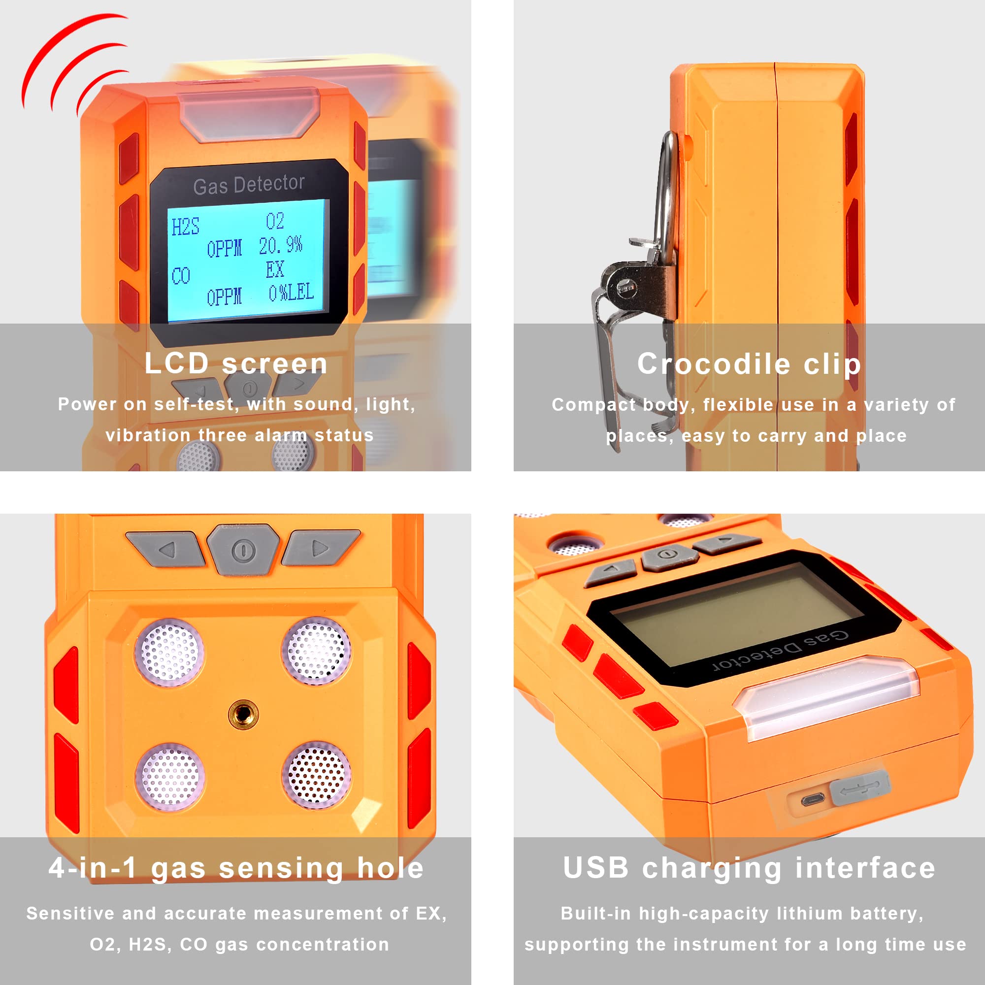 Upgrade 4-in-1 Portable Gas Detector - Handheld Multi-Gas Monitor with Digital LCD Display & Rechargeable Battery - Methane, CO, O2, H2S Gas Leak Tester for Home Safety, Industrial Use & Confined Space Detection (Orange)