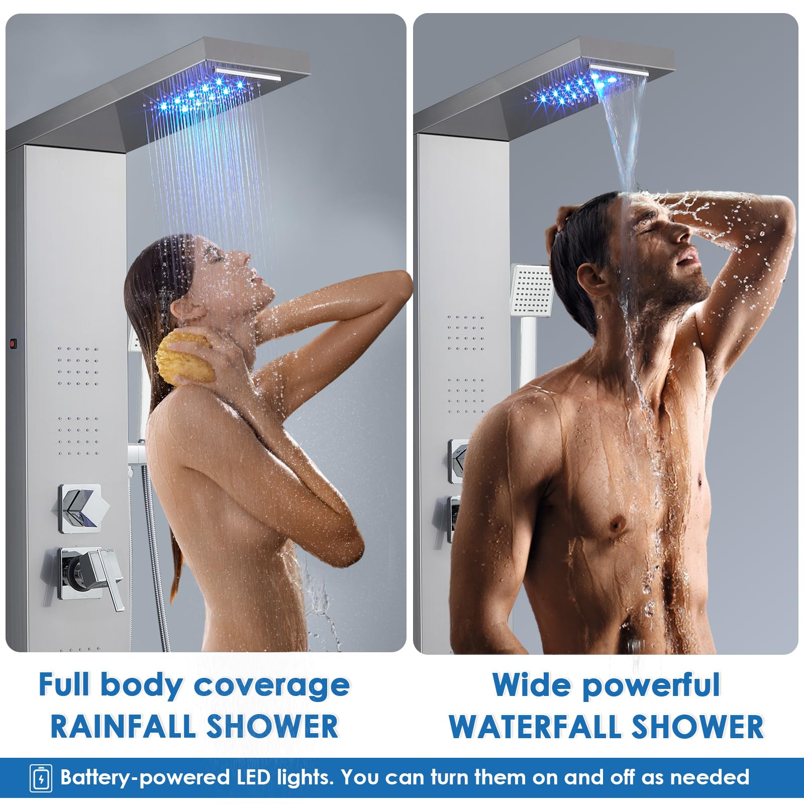 ROVOGO 5-Function LED Shower Panel Tower System with Rainfall Shower Head, 4 Body Jets, Handheld Spray & Tub Spout - Brushed Stainless Steel for Luxurious Bathroom Spa Experience