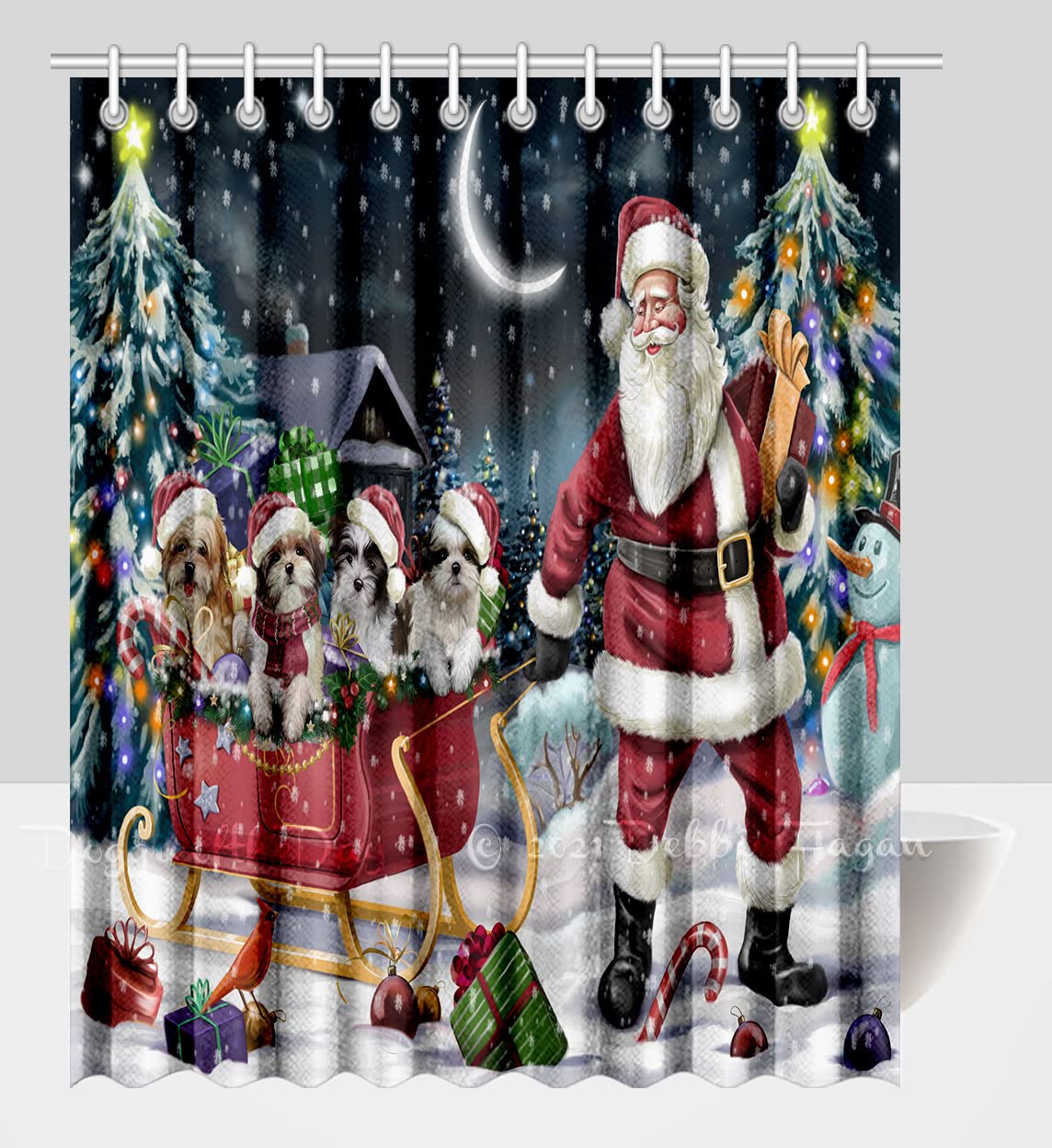 Waterproof Christmas Santa Sled Maltese Shih Tzu Dog Shower Curtain - Polyester Bathroom Decor with Hooks (36x72 inches) for Pet Lovers' Holiday Bathroom Decoration
