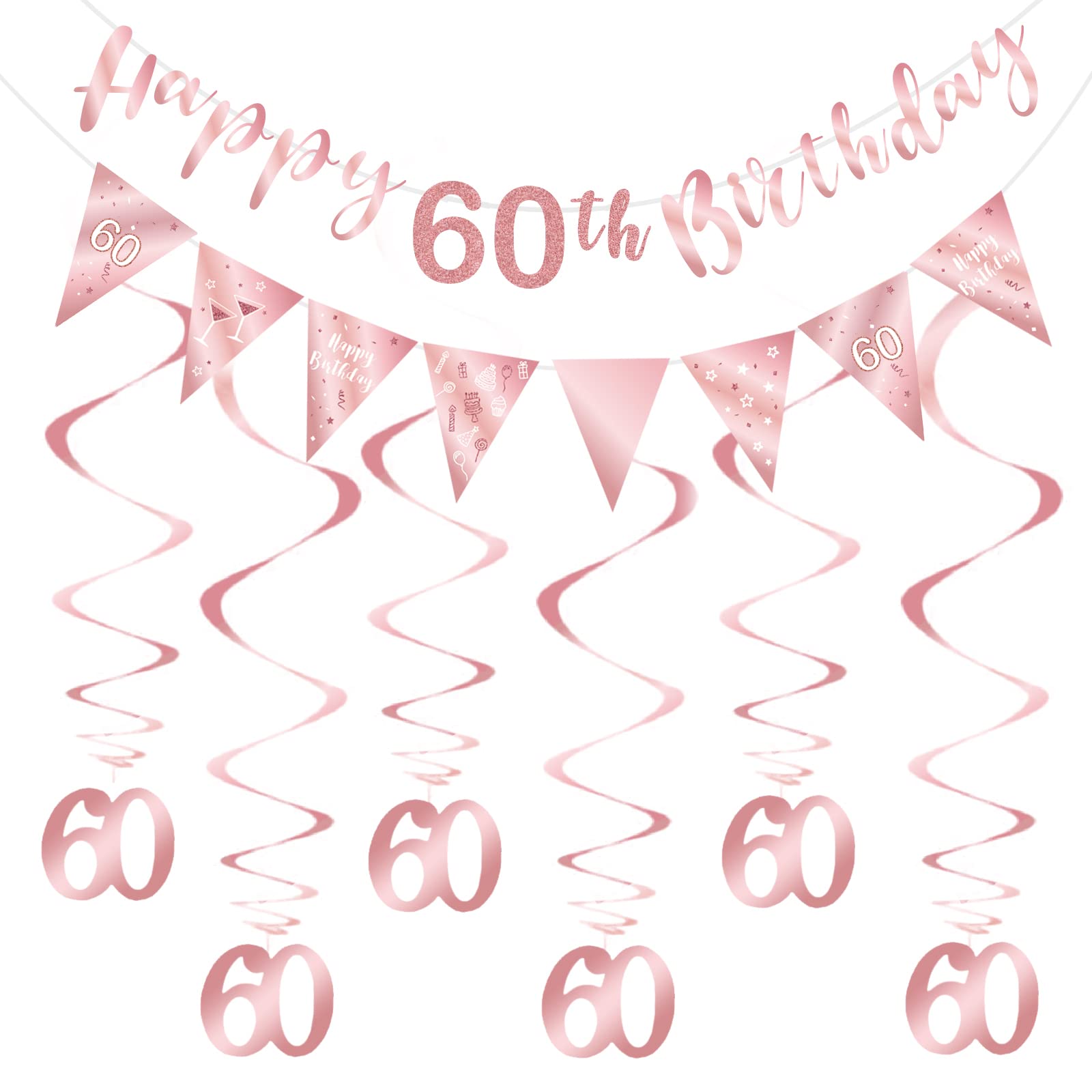 60th Birthday Party Decorations Kit for Women - Rose Gold Happy Birthday Banner, Bunting Swirls & Triangle Flags - Perfect for Milestone Celebrations, Retirement Parties & Anniversary Decor