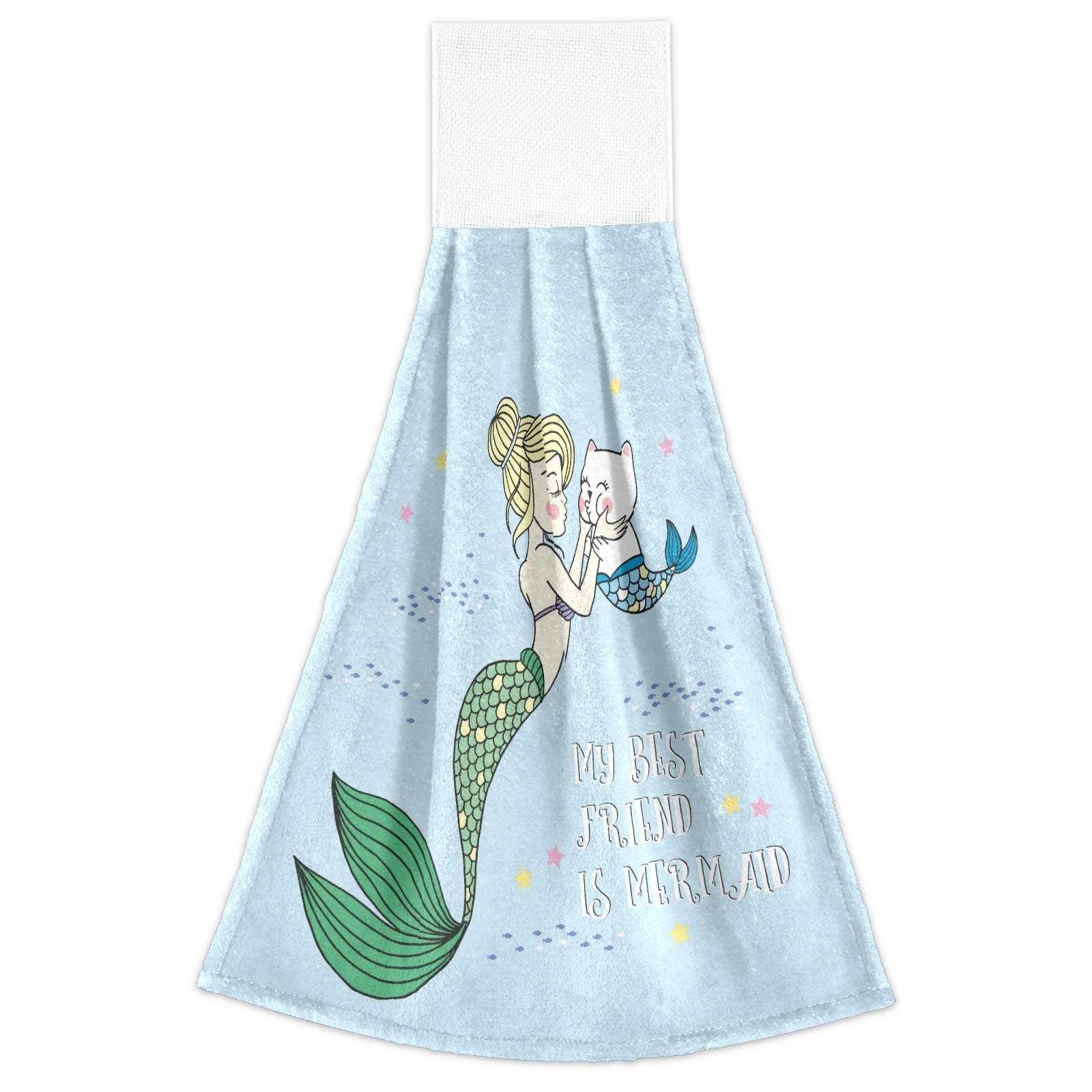 Mermaid Kiss Cat Hanging Hand Towels Set of 2 - Soft Microfiber Kitchen Towels with Loops, Absorbent Dish Cloths & Fingertip Towels for Bathroom, Stove - Cute Summer Decor for Home & Kitchen