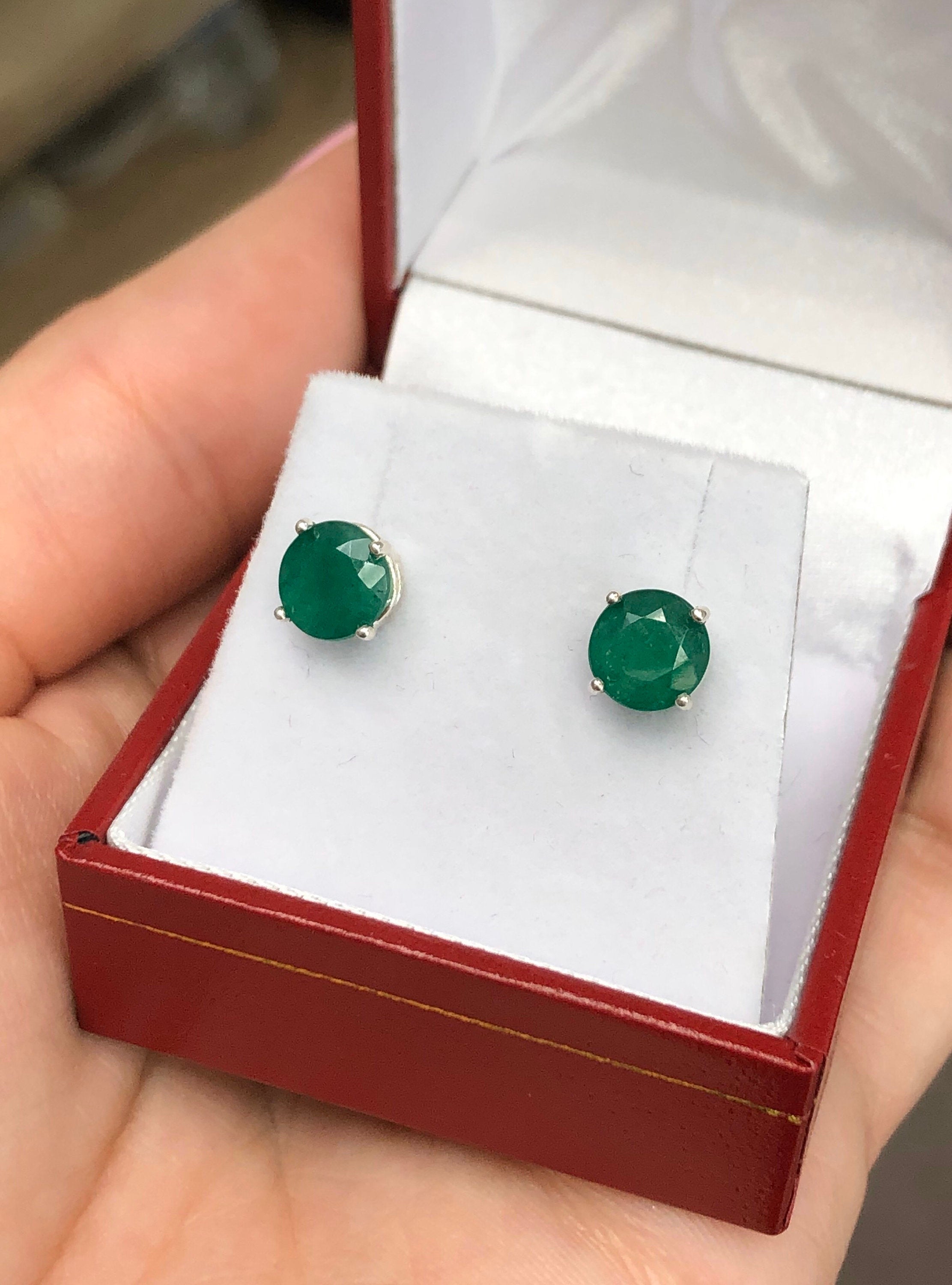 2.15tcw 7mm Round Natural Emerald Stud Earrings in 925 Sterling Silver - Perfect for Weddings, Parties & Everyday Elegance