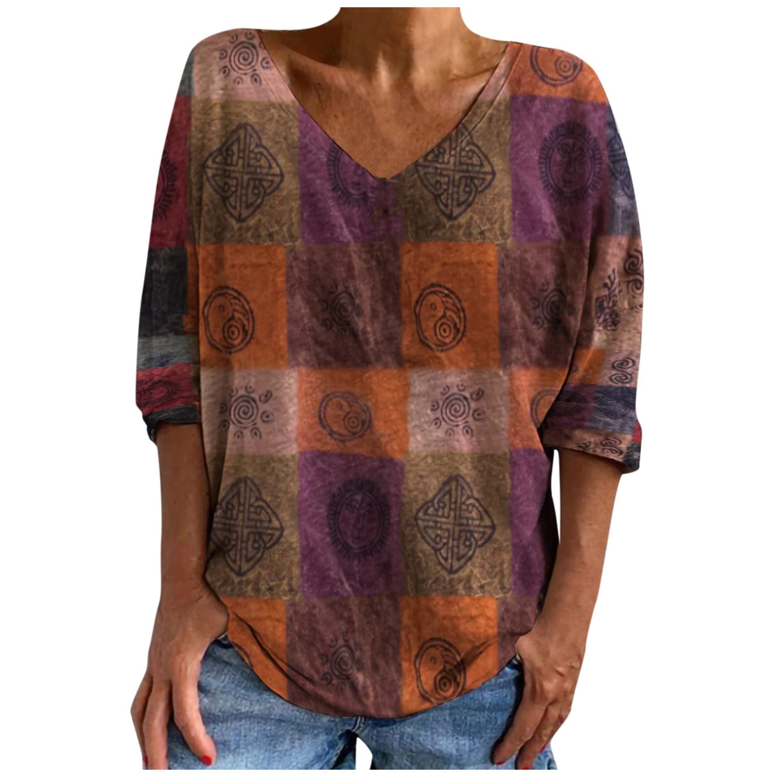 Women's Half Sleeve Color Block V-Neck Tunic Blouse - 2022 Fashion Loose Fit Office Work Top & Vintage Streetwear Tee Shirt (Perfect for Casual Wear, Business Attire & Everyday Outfits)