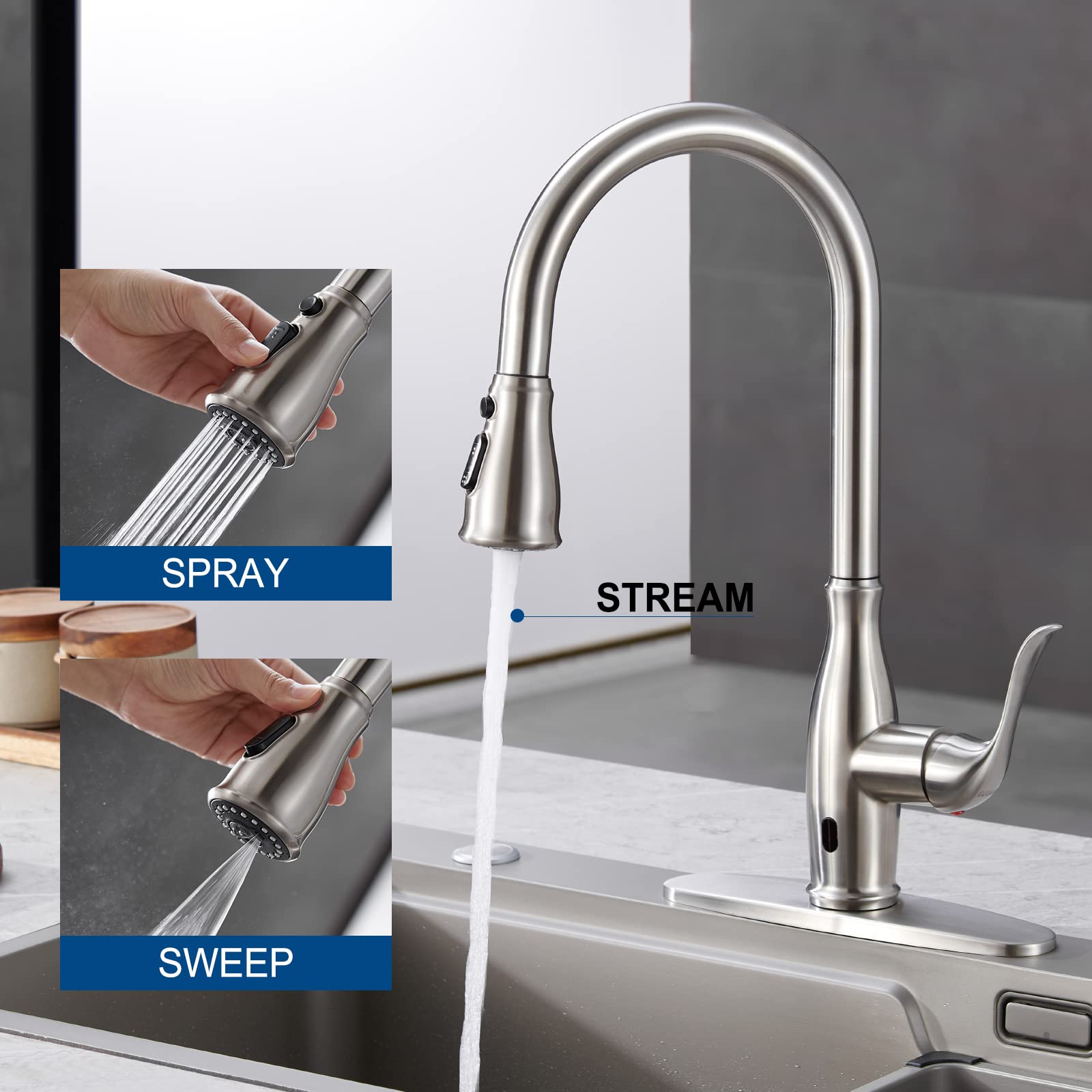 Hands-Free Kitchen Faucet with Motion Sensor - Pull Down Sprayer, Stainless Steel Finish for Modern Kitchens