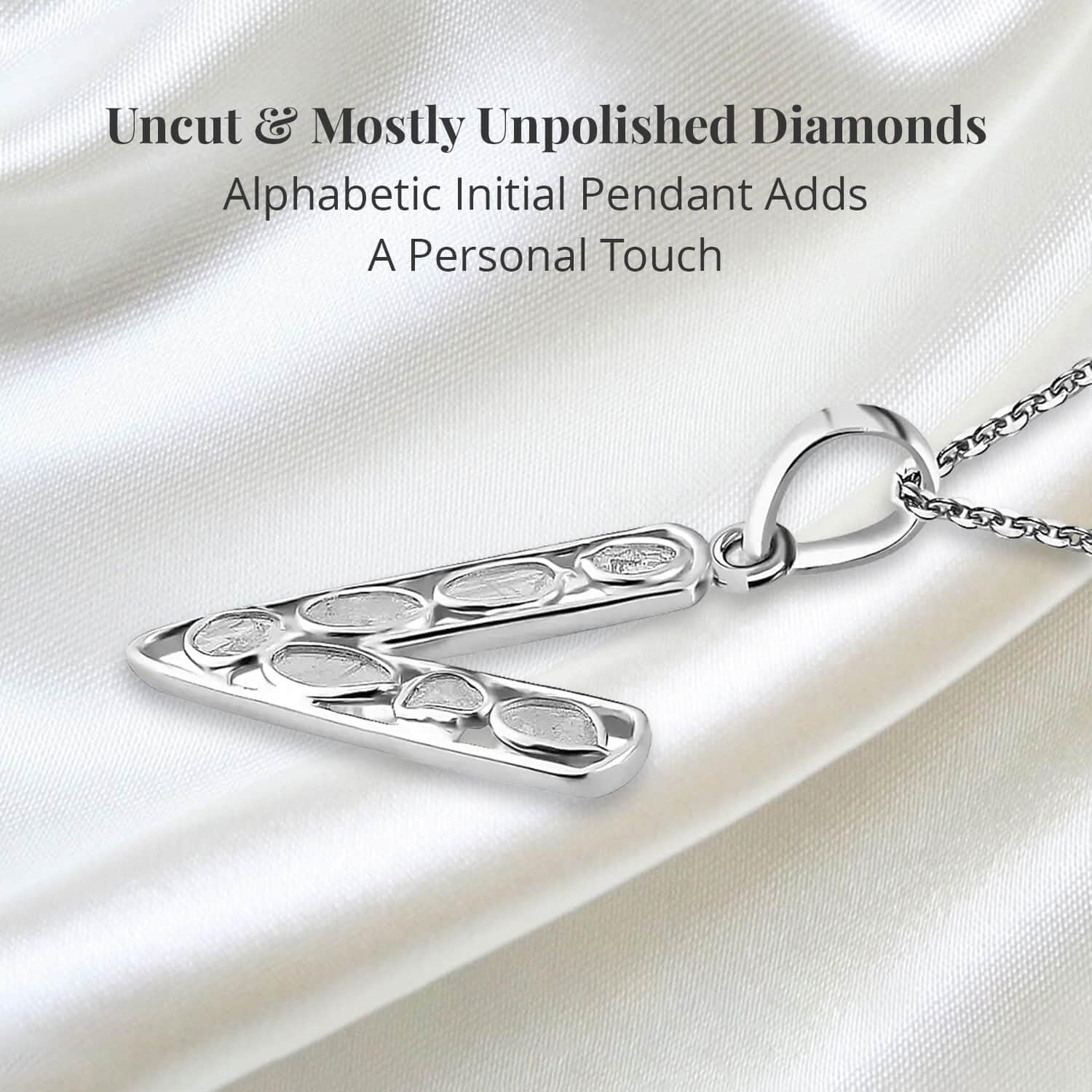 Polki Diamond Initial Necklace for Women - 925 Sterling Silver Platinum Plated, 20
