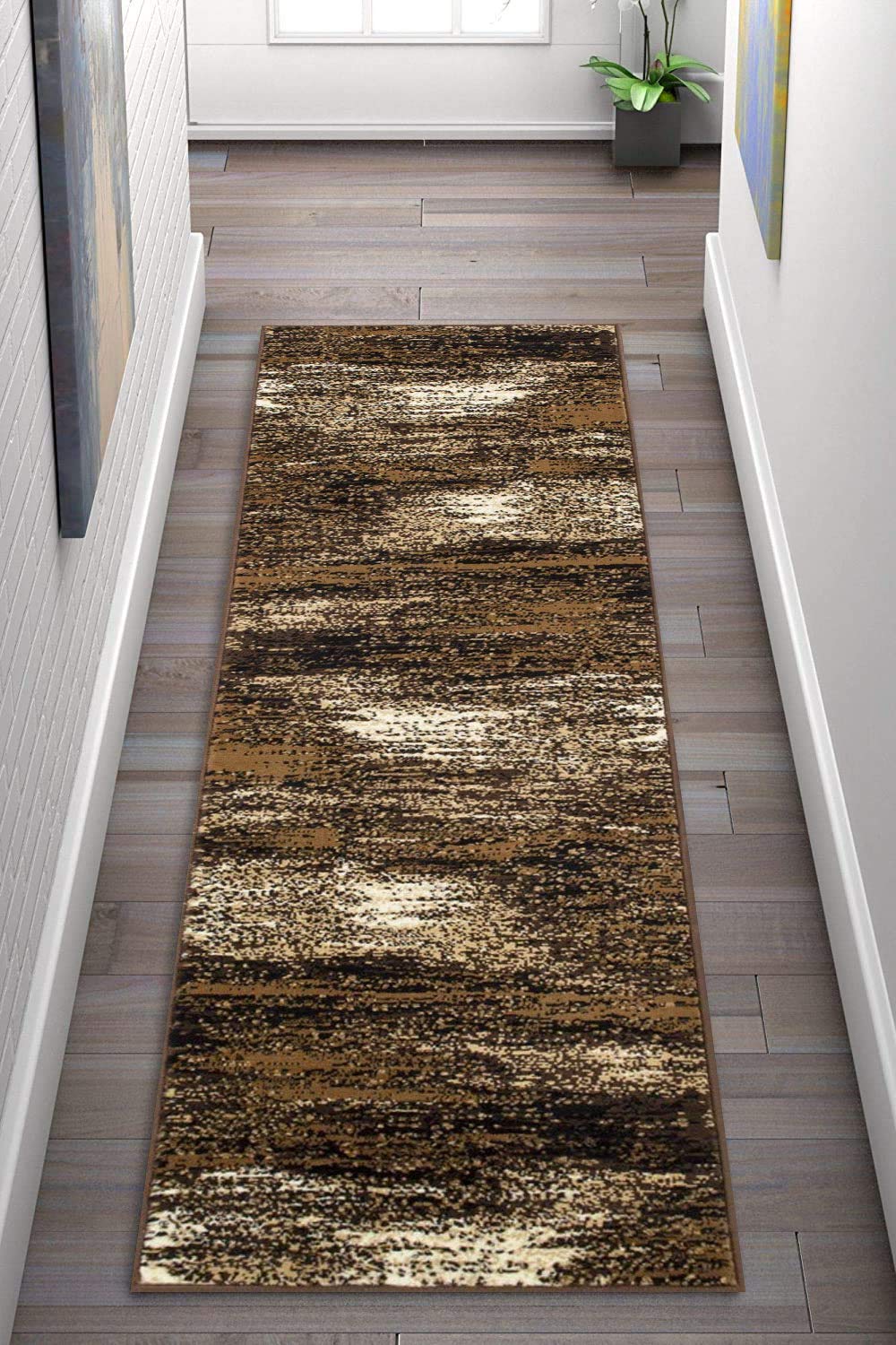 Modern Abstract Brown Mocha Area Rug - Large 2'x7' Runner for Living Room, Office & Kitchen - Soft Non-Slip Floor Mat for Home Decor & High Traffic Areas