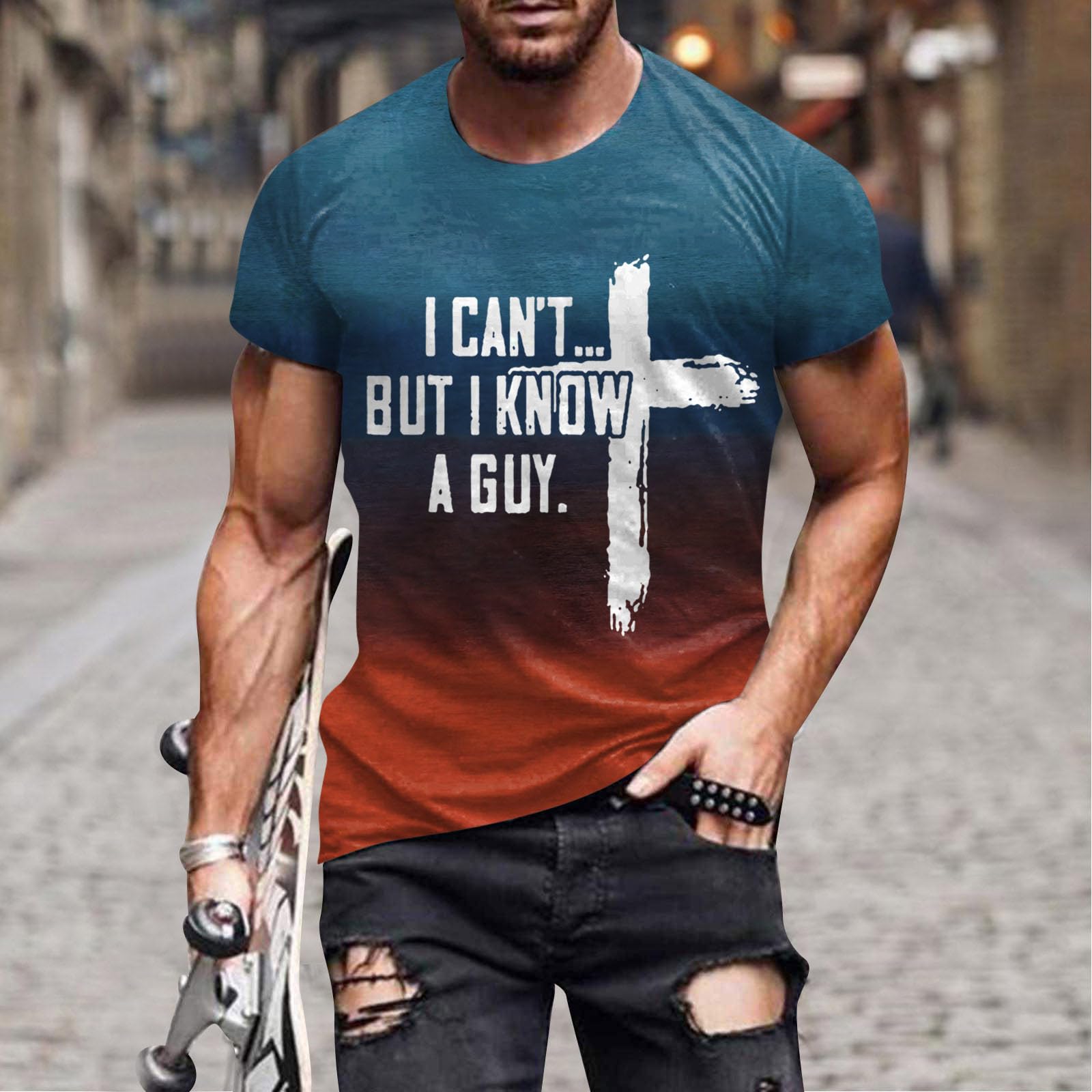Funny Christian T-Shirts for Men - 'I Can't But I Know A Guy' Letter Printed Novelty Tees | Church Outfits, Youth Group Events & Casual Wear
