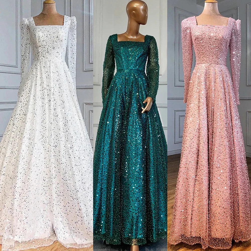 Elegant Dubai Arabic Green A-Line Luxury Evening Gown with Beaded Long Sleeves for Women - Perfect for Weddings, Galas & Formal Parties 2025 LA70271 | Serene Hill Collection