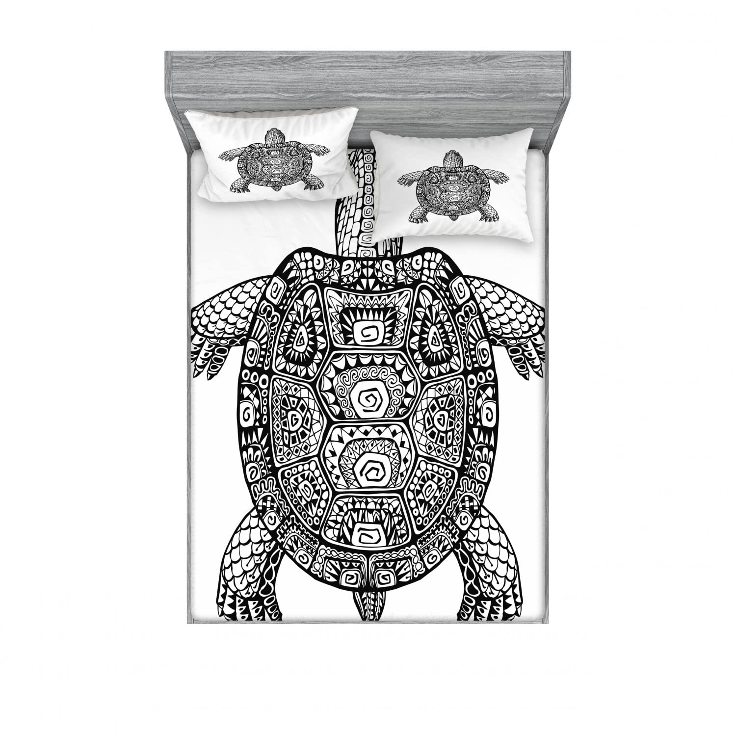 Ambesonne 2-Pack Turtle Fitted Sheet & Pillow Sham Set - Tribal Tortoise Design, 4-Piece Bedding Decor (2 Twin XL Fitted Sheets & 4 Pillow Covers) - Black & White Geometric Pattern for Coastal, Bohemian or Kids' Room Decor
