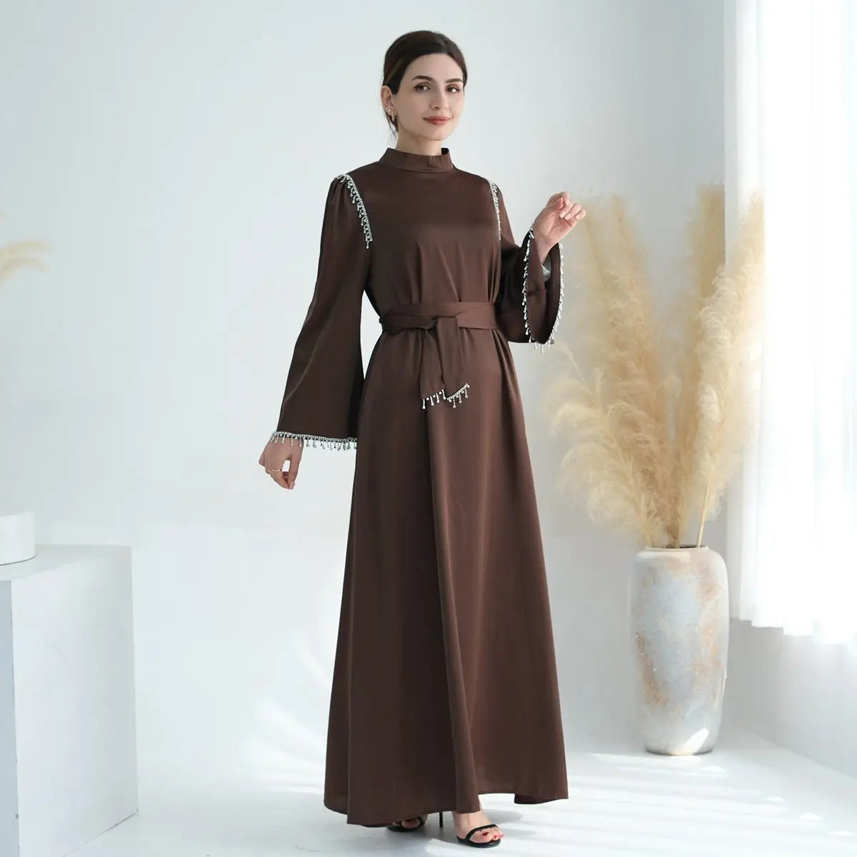 Elegant Muslim Women's Beaded Satin Abaya Dress for Prayer & Special Occasions - Modest Islamic Clothing for Women