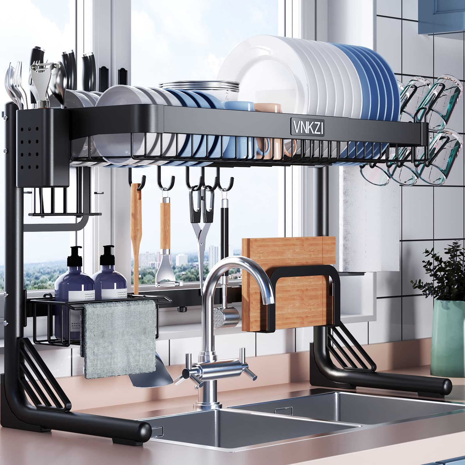 VNKZI 2-Tier Stainless Steel Over Sink Dish Drying Rack - Adjustable Length (25.98''~36.61'') - Space Saving Kitchen Organizer for Dishes, Utensils & Cutting Boards - Perfect for Small Kitchens & Apartments