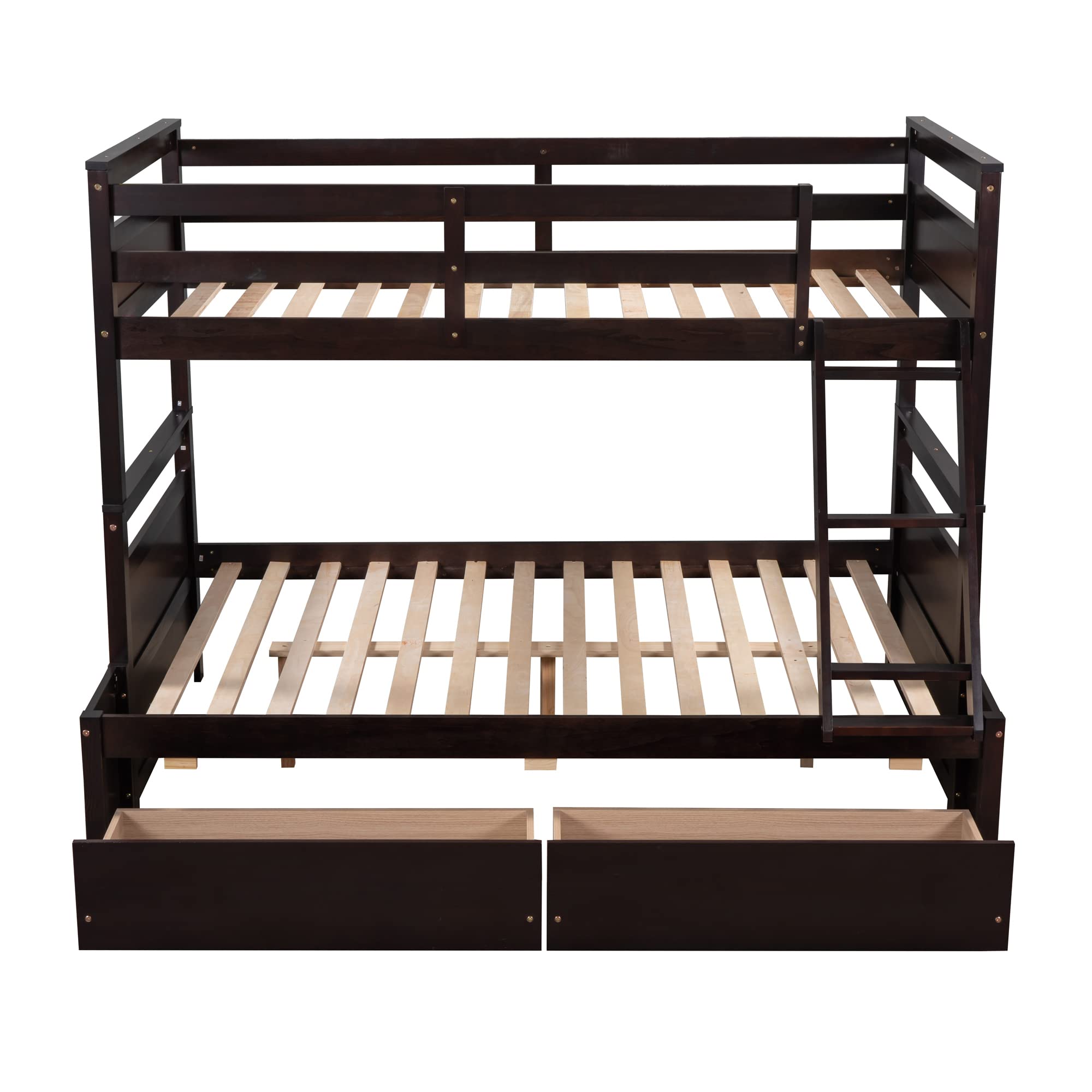 Twin Over Full Bunk Bed with Storage - Solid Wood Frame, Safety Rail - Convertible to 2 Beds for Kids & Adults - Espresso Finish for Bedroom