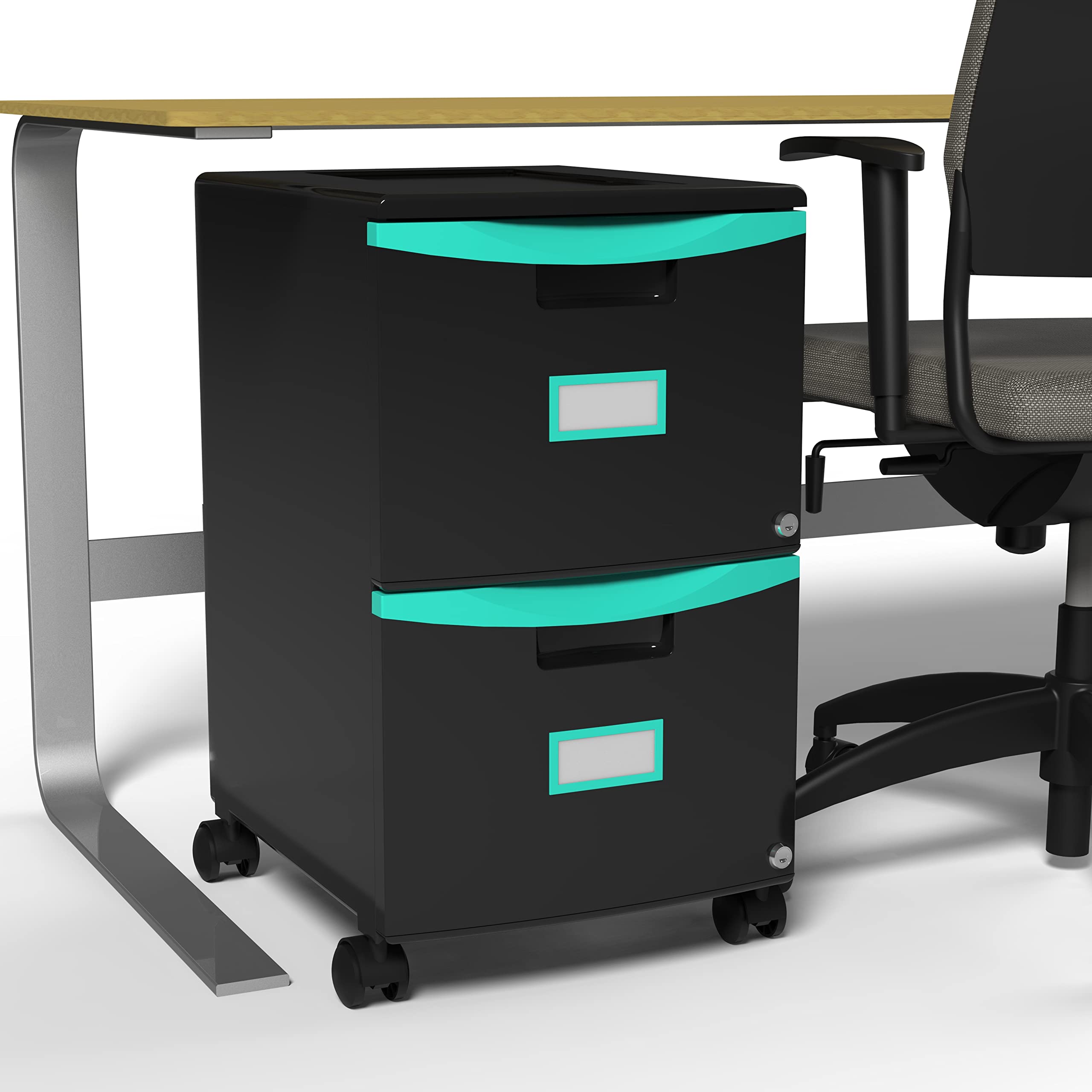 Storex 61315A01C 2-Drawer File Cabinet - Black & Teal Office Organizer for Documents | Perfect for Home Office, Classroom & Small Business Storage