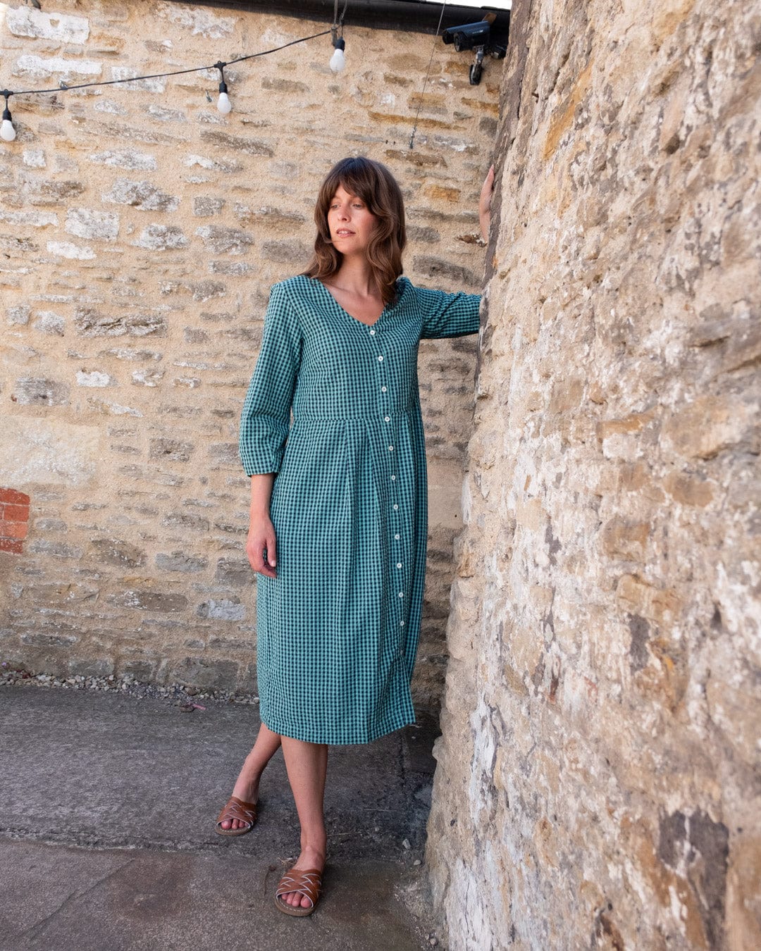 Jane Women's Cotton Midi Dress - Duck Egg Gingham Checkered Summer Dress for Casual Wear, Picnic & Beach Outings