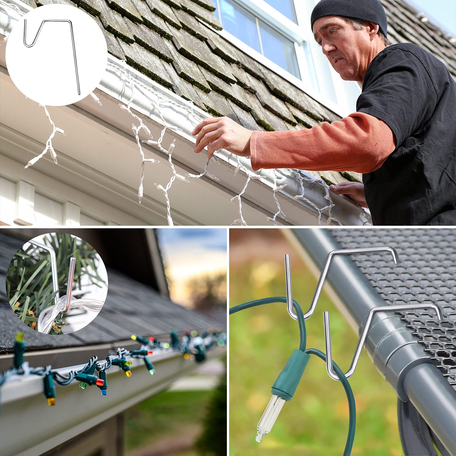 60 Pack Metal Christmas Light Hangers - Durable Gutter Grid Hooks for Outdoor Holiday Decorations, Ornament Hangers with Mesh Leaf Guard - Perfect for Roofline, Gutters, and Outdoor Christmas Light Displays