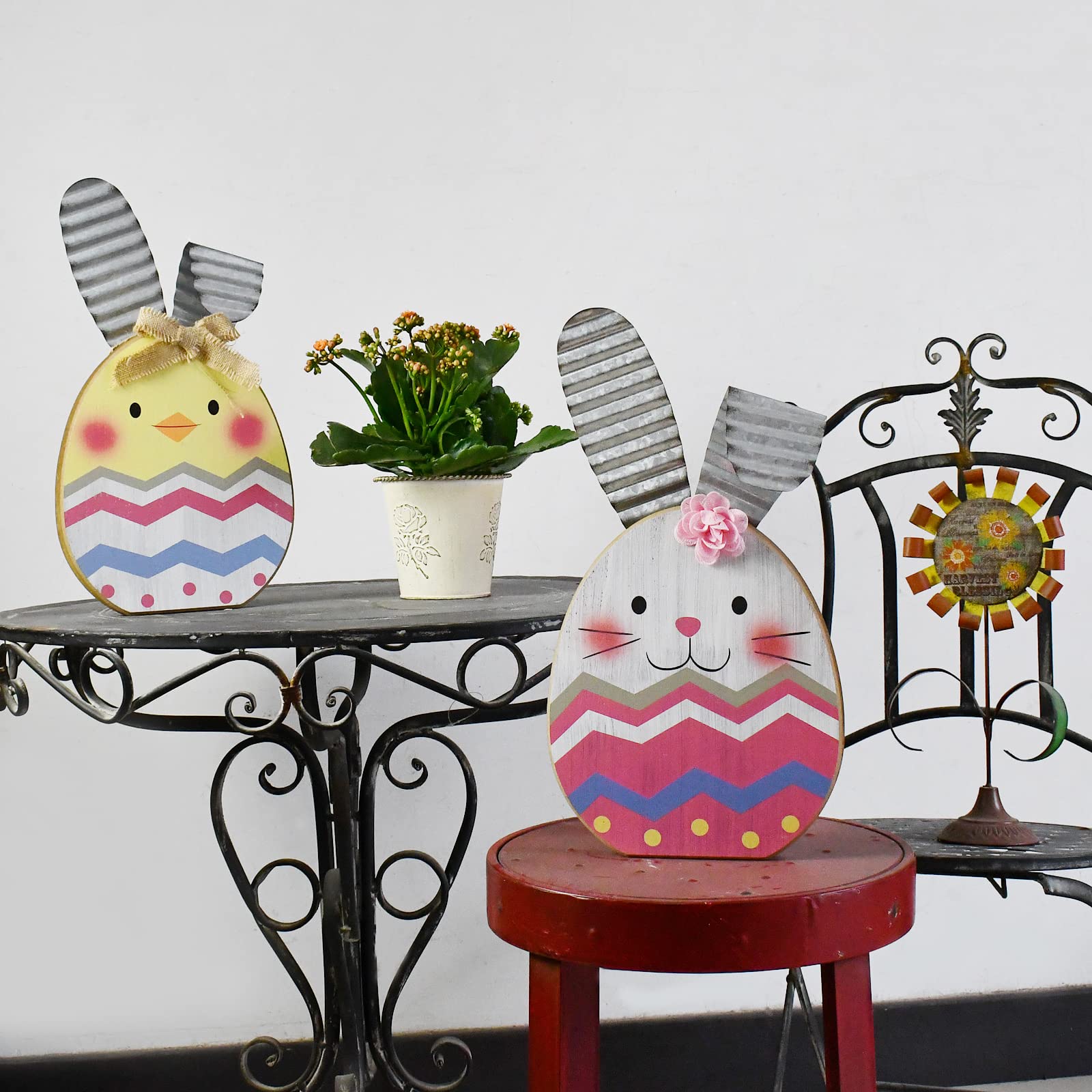 Wooden Easter Bunny Egg Chick Tabletop Decor - Spring Easter Home Decoration with Rabbit Sign in Pink & Yellow | Perfect for Easter Party, Table Centerpiece, and Seasonal Home Decor