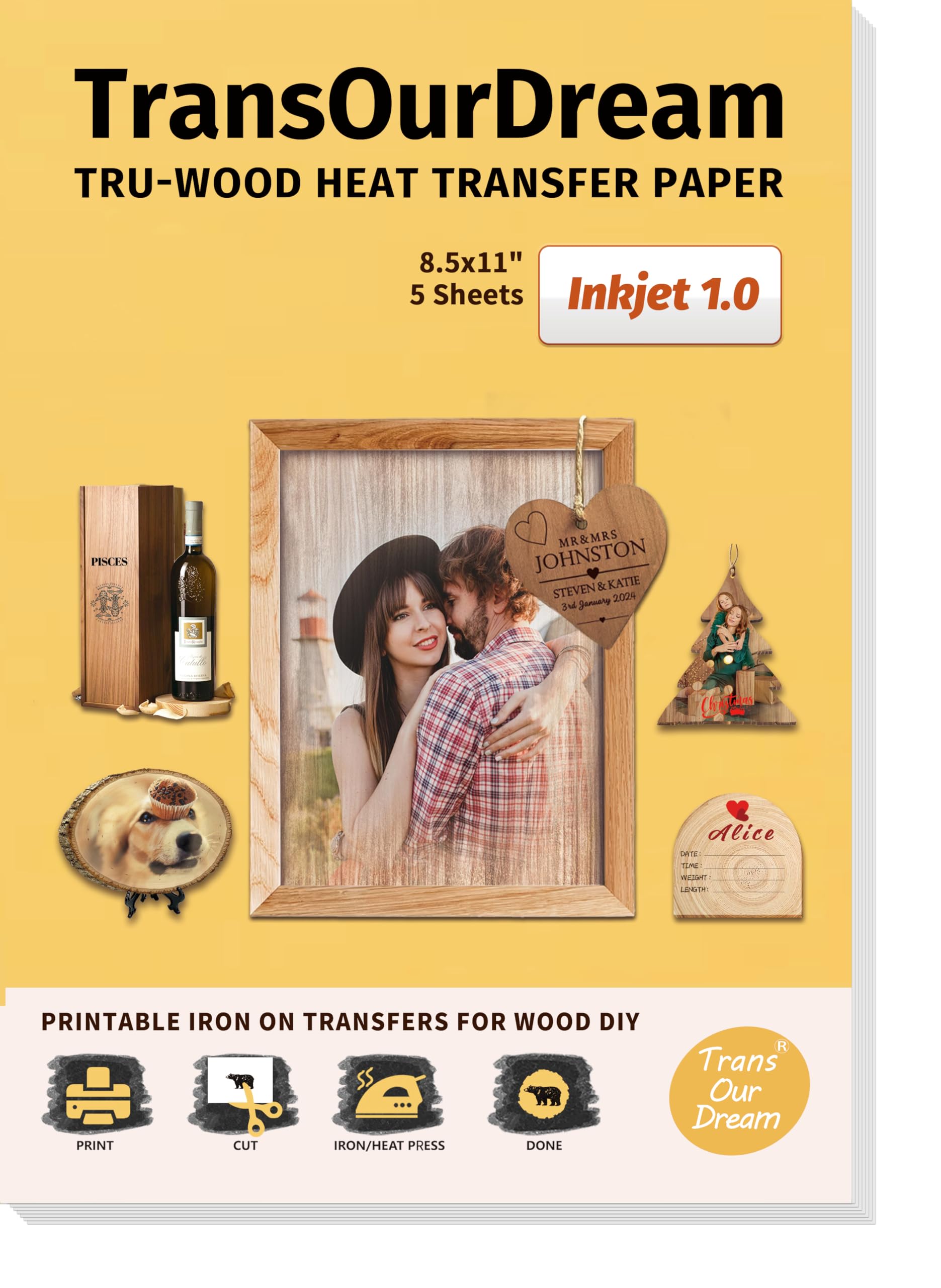 Tru-Wood Heat Transfer Paper for Inkjet Printers - 5 Sheets (8.5x11 Inches) - Printable Iron On Transfer Paper for Wood Crafts, DIY Projects & Personalized Gifts - Compatible with Inkjet 1.0 Printers