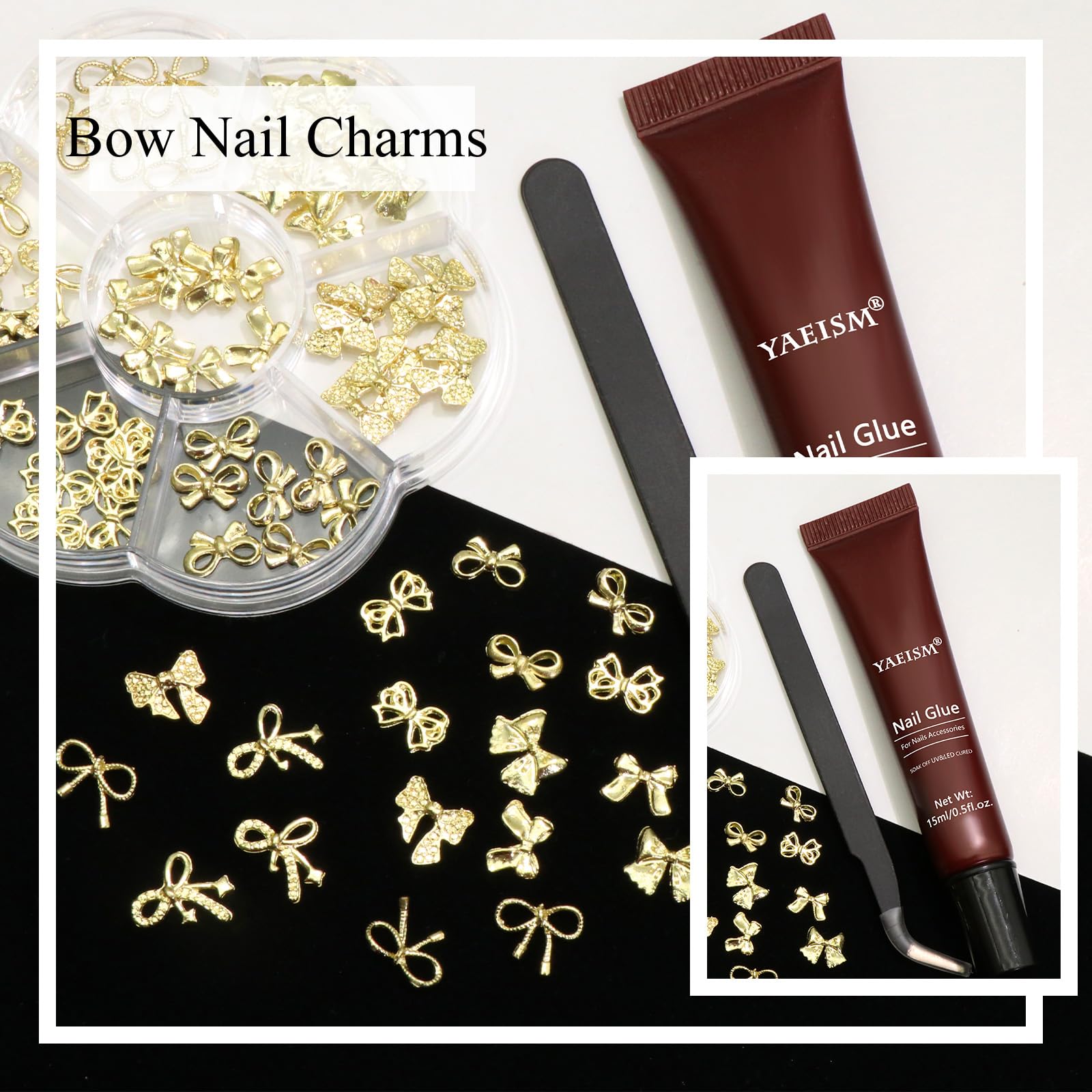 3D Gold Bowknot Nail Charms Kit - 70PCS Bow Nail Art Decorations with Glue Gel & Tweezer for DIY Nails, Manicure, and Crafting - Perfect for Parties, Weddings, and Salon Nail Designs