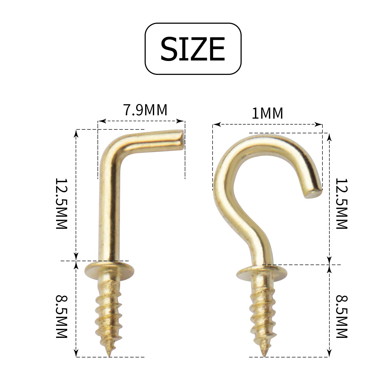 50pcs Gold L Screw Hooks & 50pcs Small Screw Hooks Set - Heavy Duty Shouldered Dresser Hooks & Ceiling Hooks for Hanging Plants, Lights, Decorations - Perfect for Home Organization & DIY Projects
