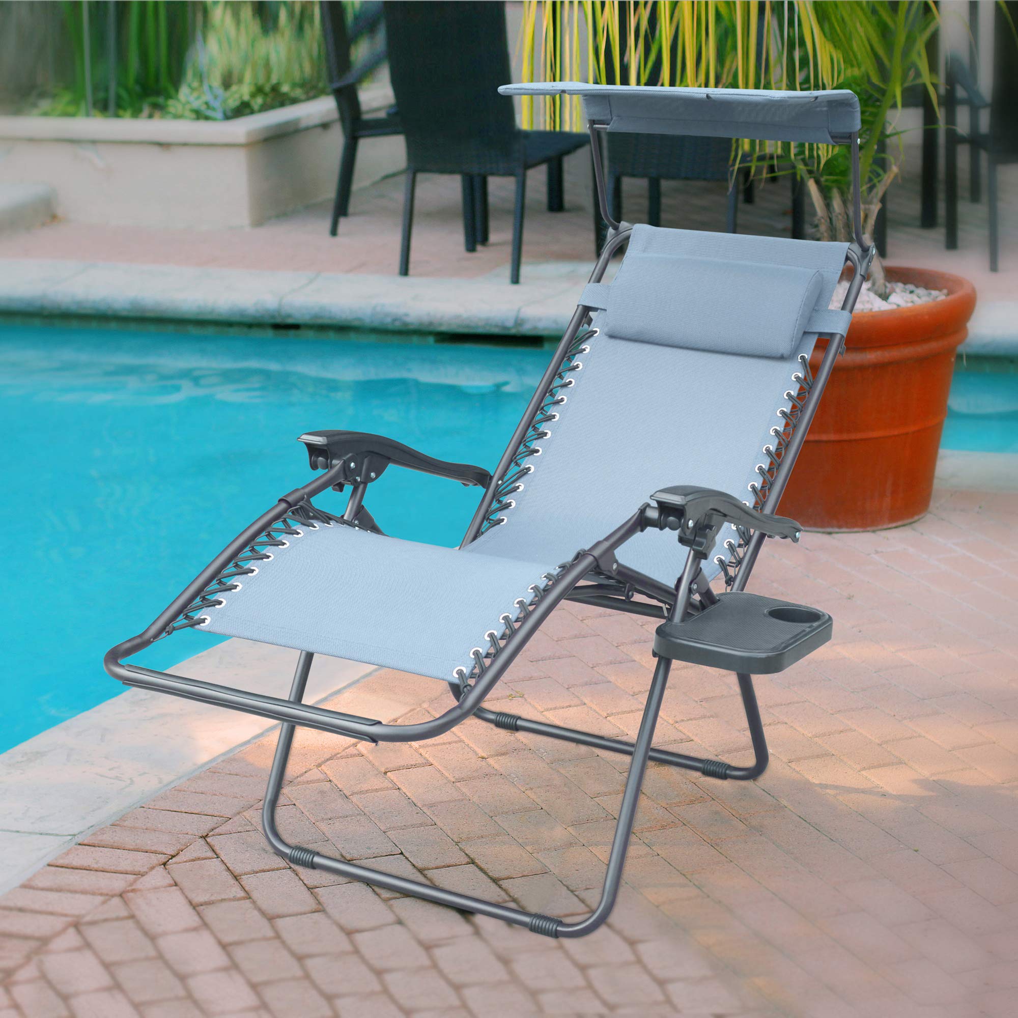Jeco GCS17 Bonnie Zero Gravity Reclining Chair with Adjustable Sunshade Pillow & Built-in Drink Holder - Portable Outdoor Lounge Chair for Patio, Beach, Camping, Poolside Relaxation - Gray