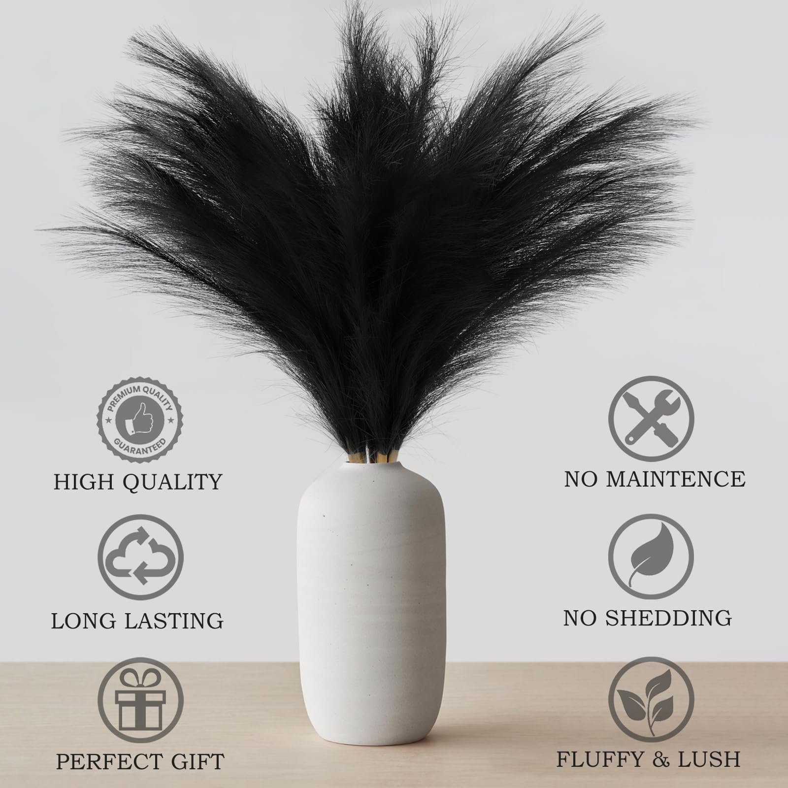 7 PCS 24 Inch Black Faux Pampas Grass Decor - Fluffy Artificial Pompous Grass Stems for Vase Filler, Table Centerpiece, Home, Office & Boho Wedding Decor - Perfect for Living Room, Bedroom & Event Styling