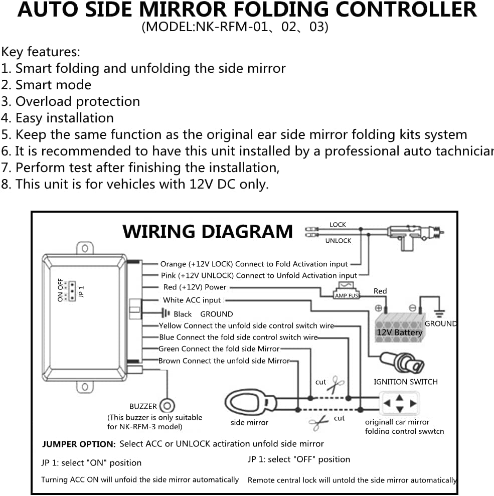 KIMISS Automatic Power Folding Mirror Control Unit with Wire Harness - NQ-RMF01A | Compatible with Various Car Models | Perfect for Easy Parking & Tight Spaces