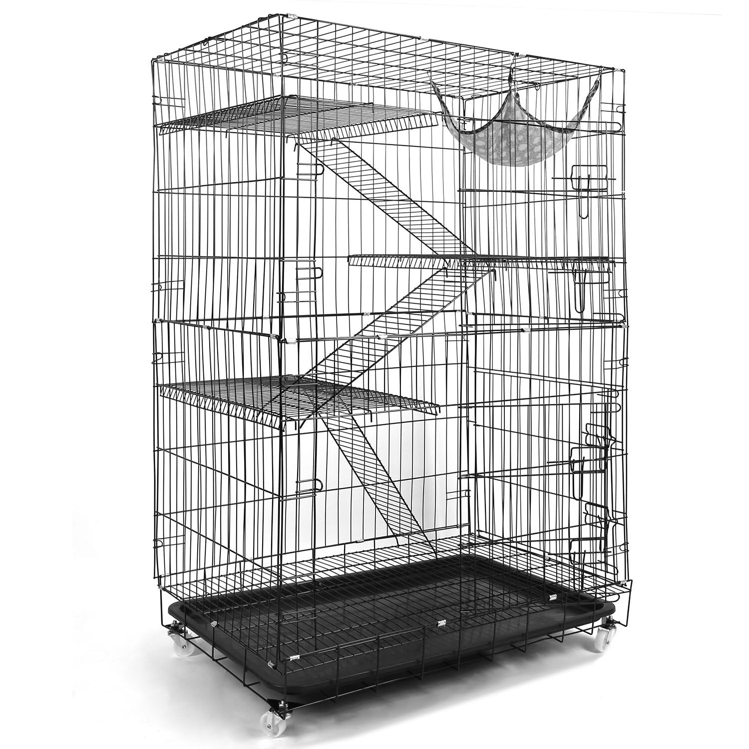 iMounTEK 4-Tier DIY Cat Playpen - Indoor Metal Cat Enclosure with 360° Lockable Wheels, 3 Doors & Ladders, Hammock for Cats & Small Pets (Black) - Perfect for Multi-Cat Homes, Play Areas & Small Animal Habitats