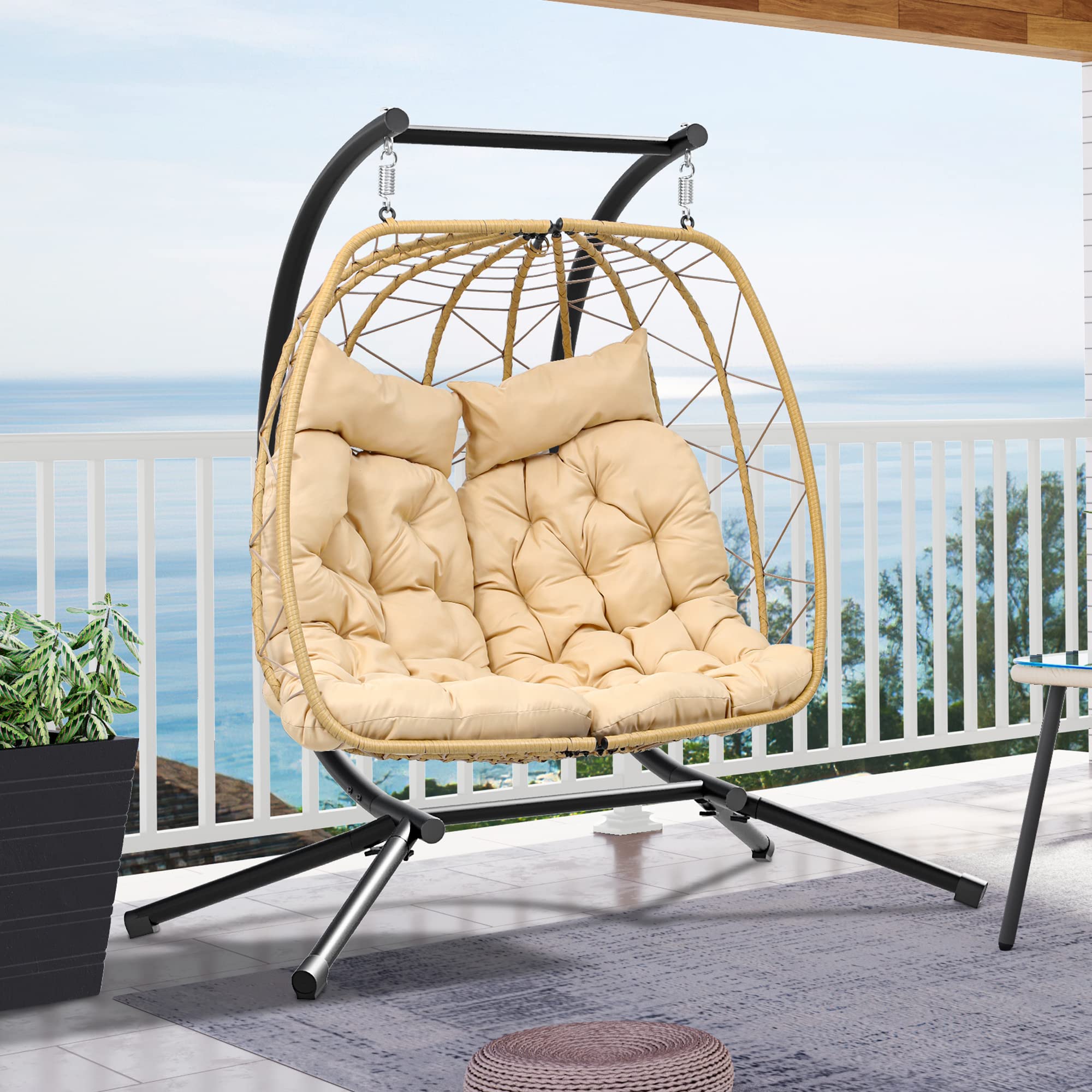 YITAHOME 2-Person Hanging Egg Chair Swing with Stand - 500lbs Capacity Wicker Hammock Chair for Outdoor & Indoor Use - Includes Cushions - Perfect for Patio, Garden, Bedroom, Balcony - Beige - Relaxation & Boho Home Decor