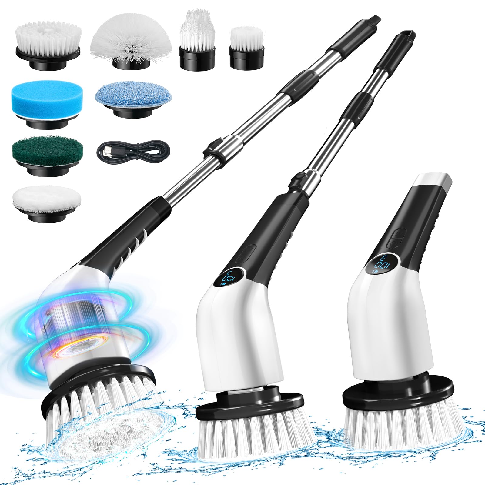 Jorking Cordless Electric Spin Scrubber - 420RPM Powerful Cleaning Brush for Shower, Bathtub, Tile & Floor - 8 Replaceable Brush Heads with Voice Broadcast - Ideal for Bathroom Deep Cleaning, Kitchen Appliances & Hard-to-Reach Areas