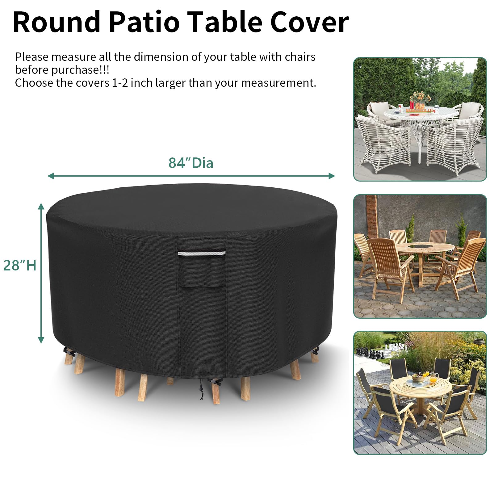 Heavy Duty 500D Waterproof Round Patio Furniture Covers - UV Resistant Outdoor Dining Table & Chairs Cover, 84